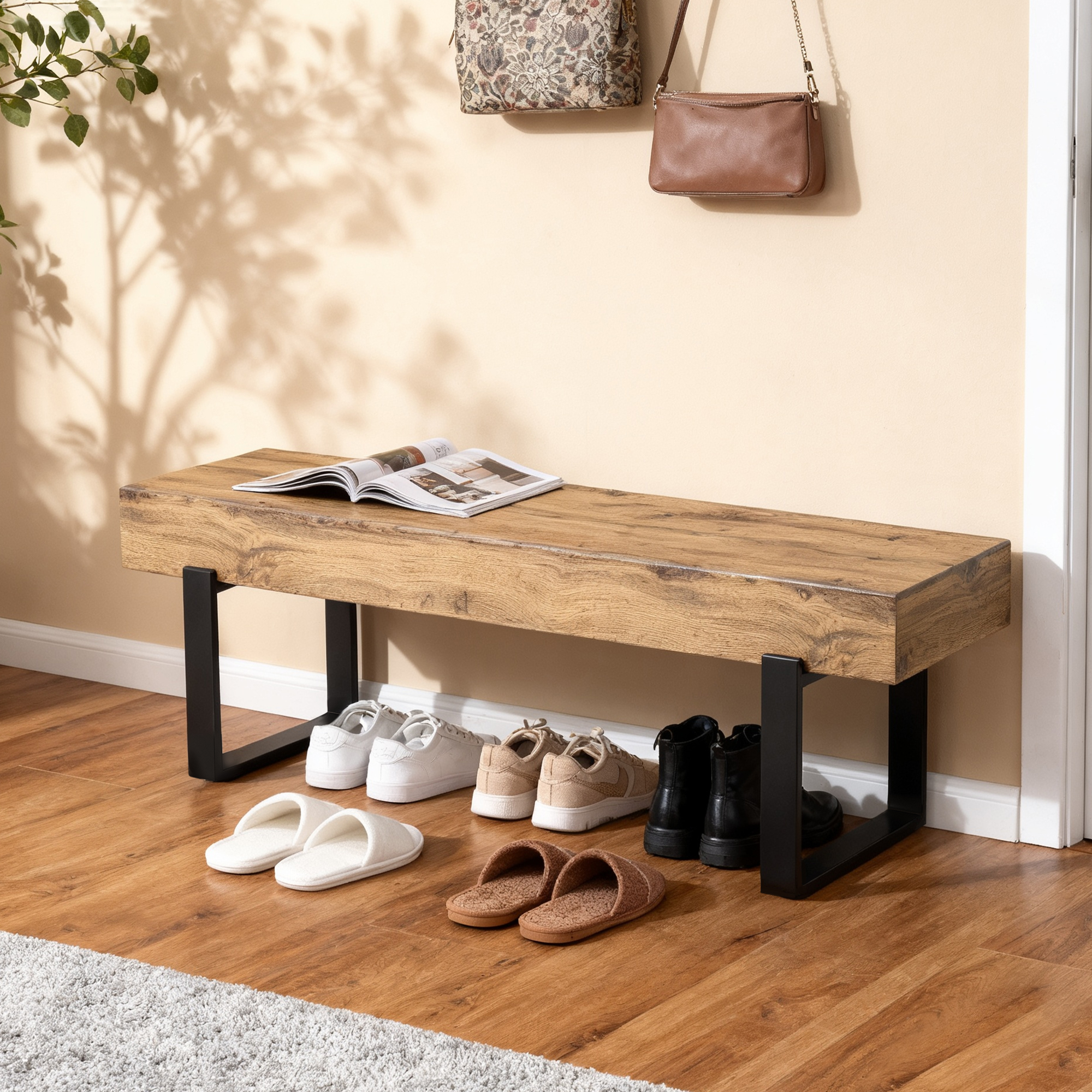 Banco de madera de 59 pulgadas, moderno, para dormitorio, cocina o entrada, natural