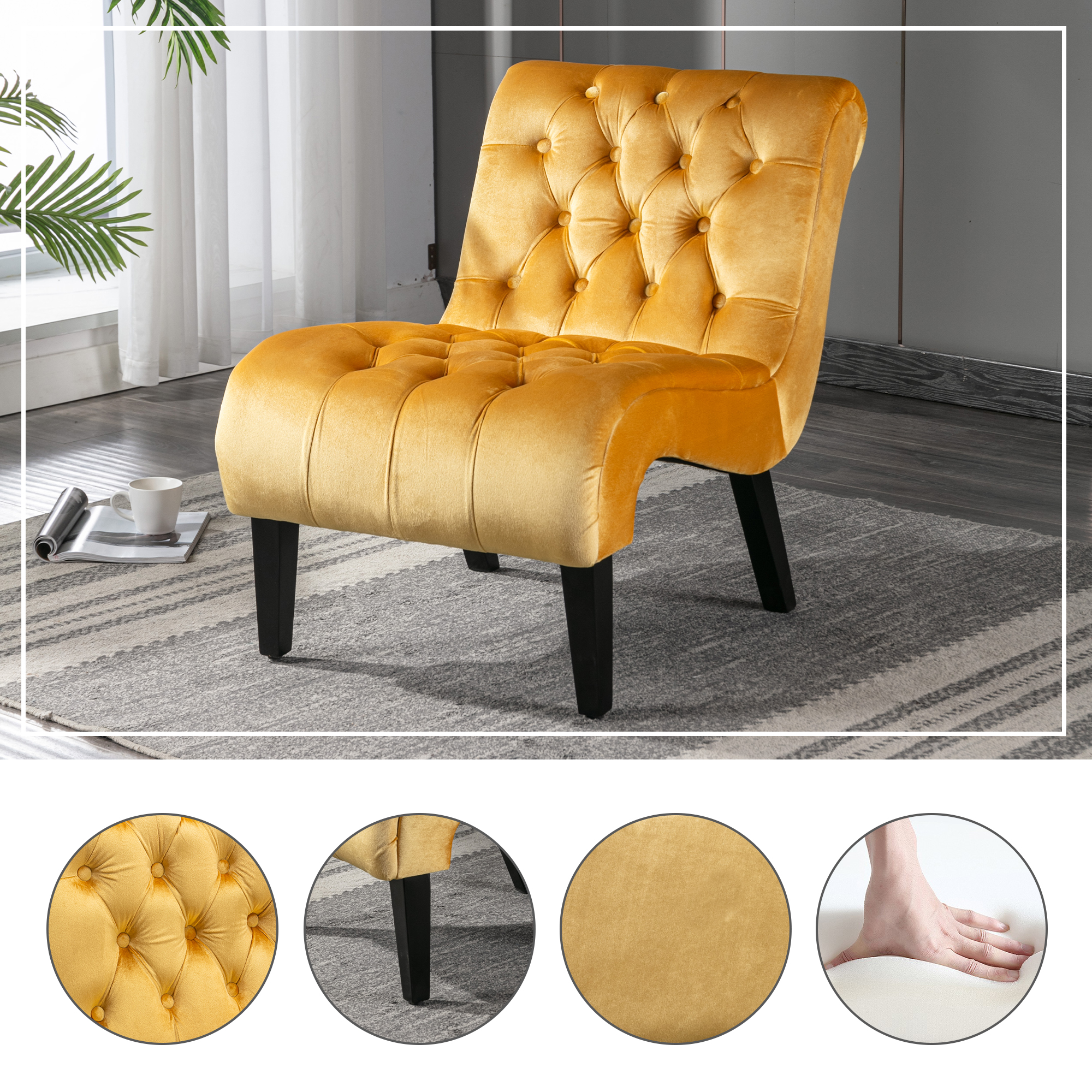 COOLMORE Modern Velvet Armless Accent Living Room Chair   Leisure Chair,Upholstered Fabric Button Comfortable Chair With Wooden Legs For Bedroom, Living Room, Office  Mustard Velvet