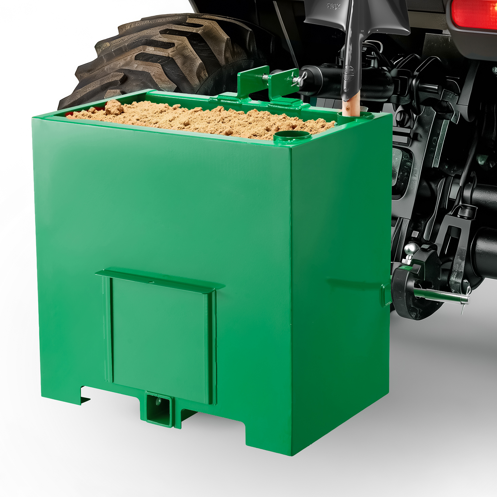 Ballast Box, 3-Point Category 1 Tractor Ballast Of 800 Lbs Capacity, With Standard 2 Inch Hitch Receiver, Heavy-Duty Steel 5 Ft³ Large Volume Durable Loader Attachment With Sliding Door, Green