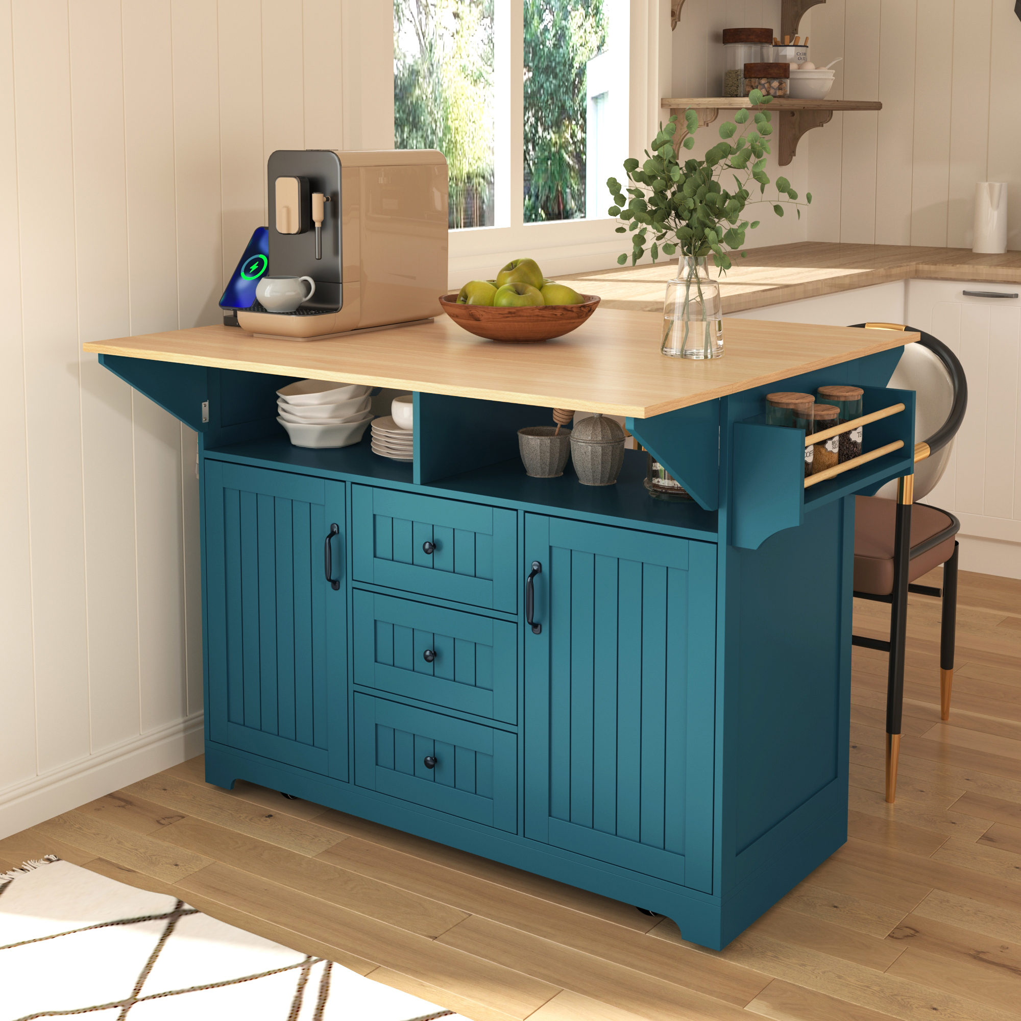 Isla de cocina K&K de 55.7 pulgadas, con 2 alas abatibles, ruedas, toma de corriente y 3 cajones, verde