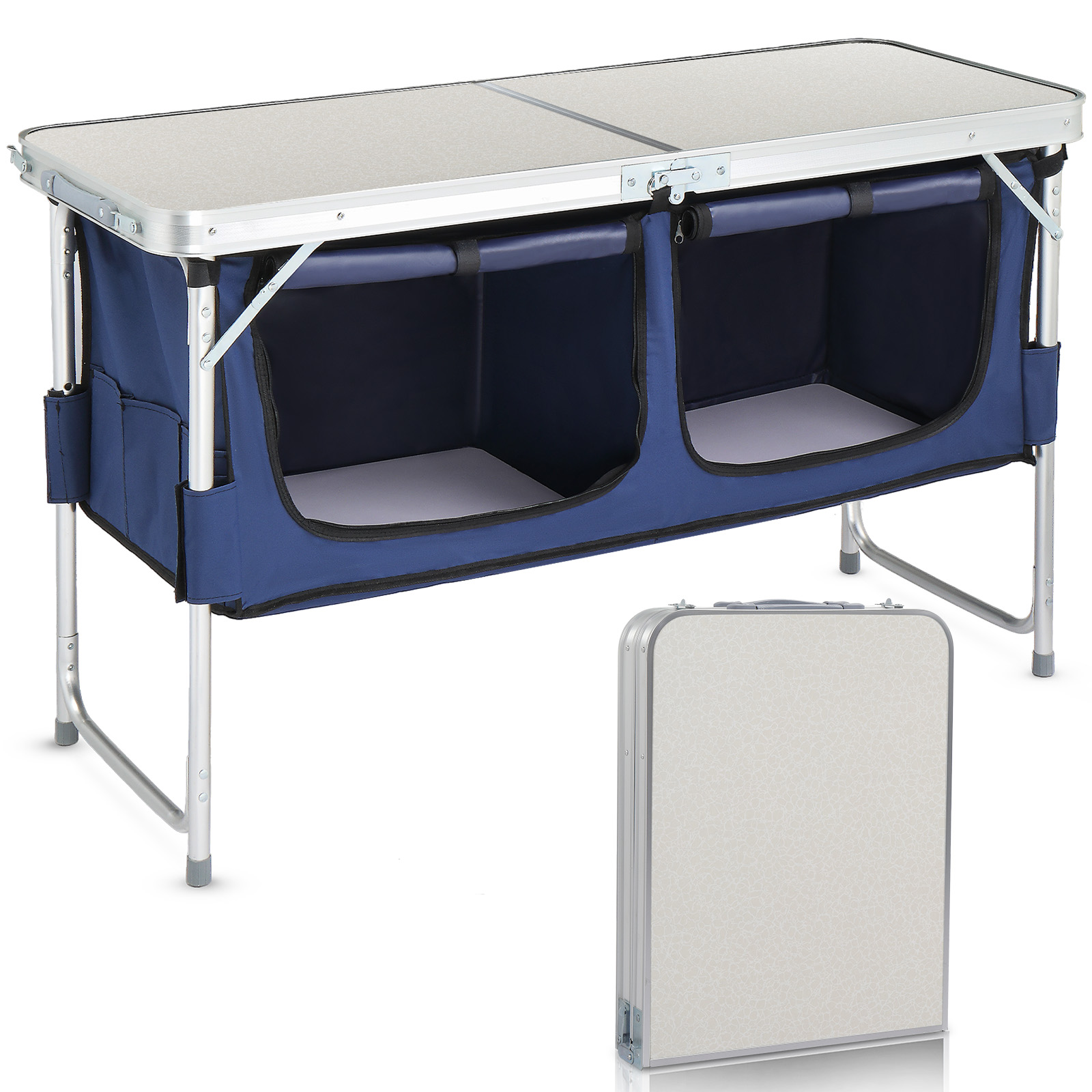 Mesa de camping plegable de aluminio de 4 pies con 2 compartimentos de almacenaje