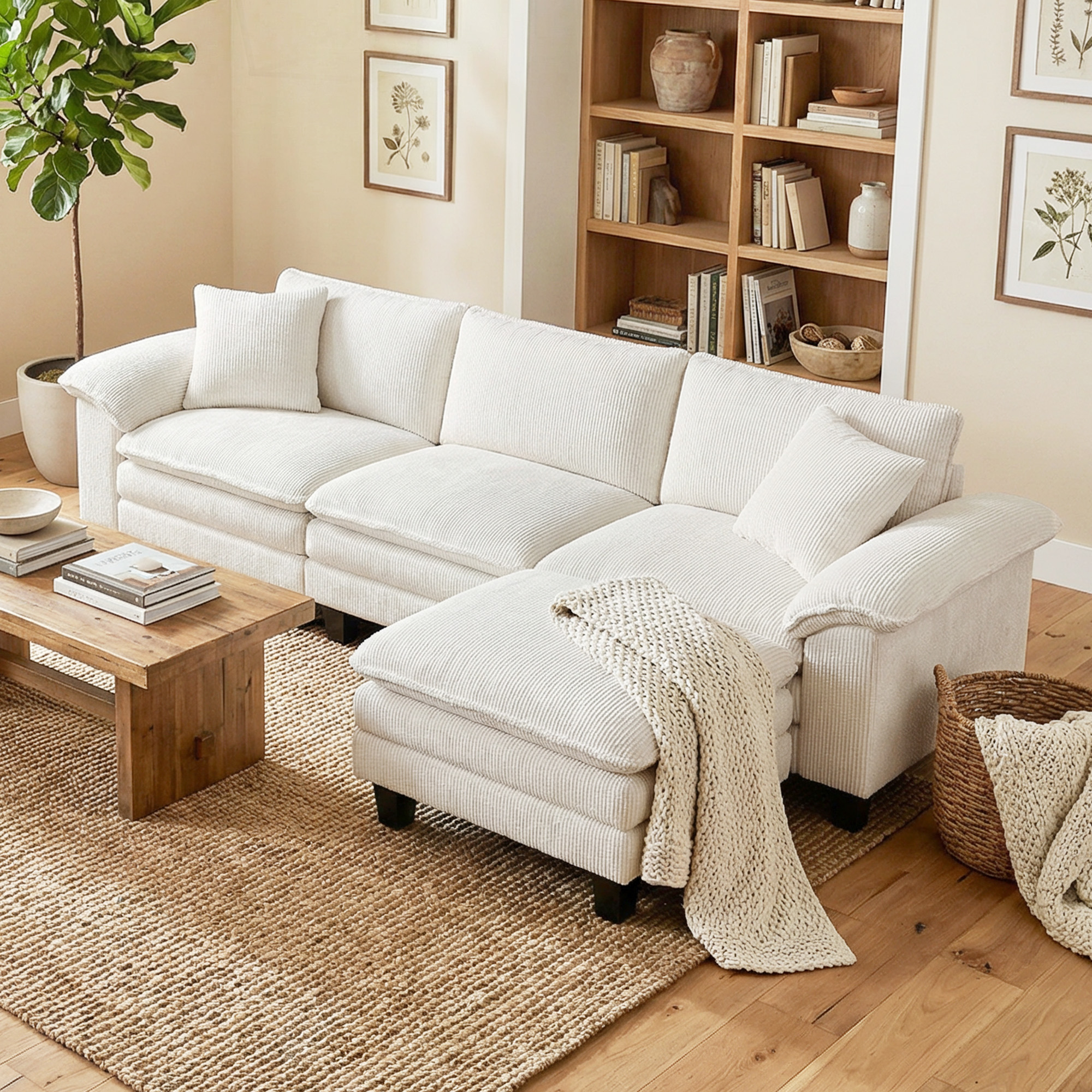 Sectional Sofa, L Shaped Couch with Deep Seat, Movable Ottoman and Pillow-top Armrests, Beige