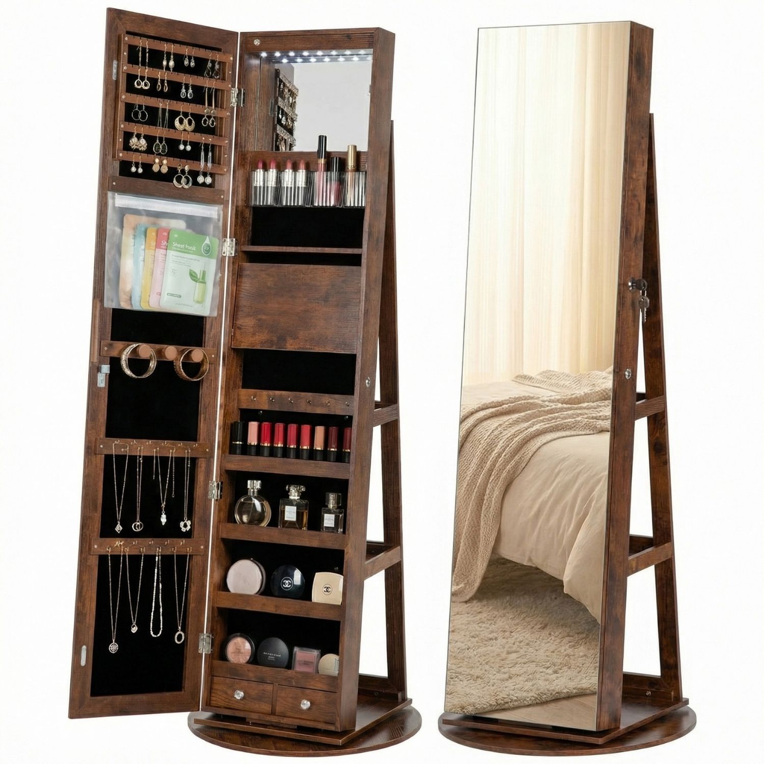 Freestanding Rotating Jewelry Armoire, Full Length Mirror Cabinet, Rustic Brown