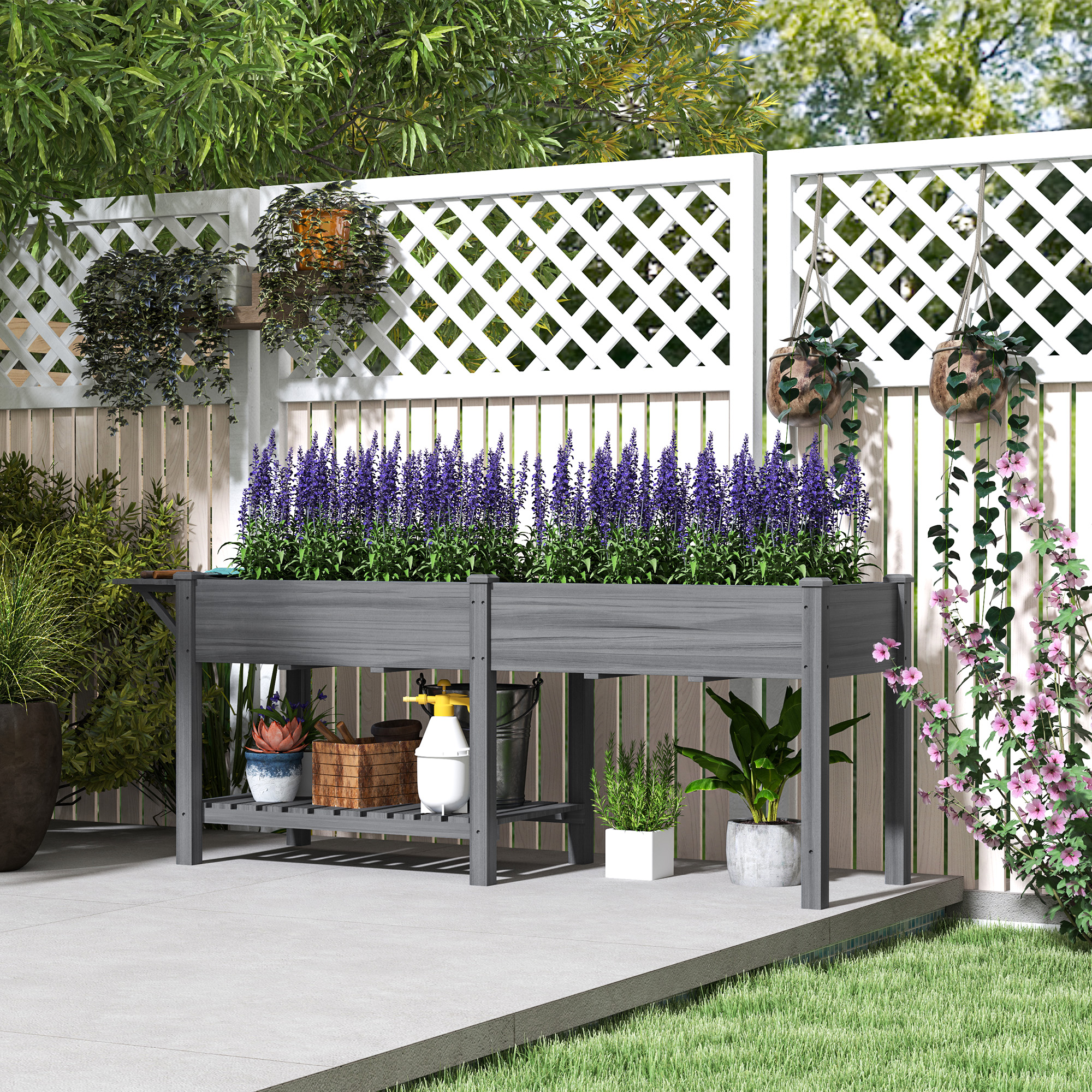 Wood Raised Garden Box, Elevated Garden Bed with Side Table, Bottom Shelf, Bed Liners and Drainage Holes, Gray