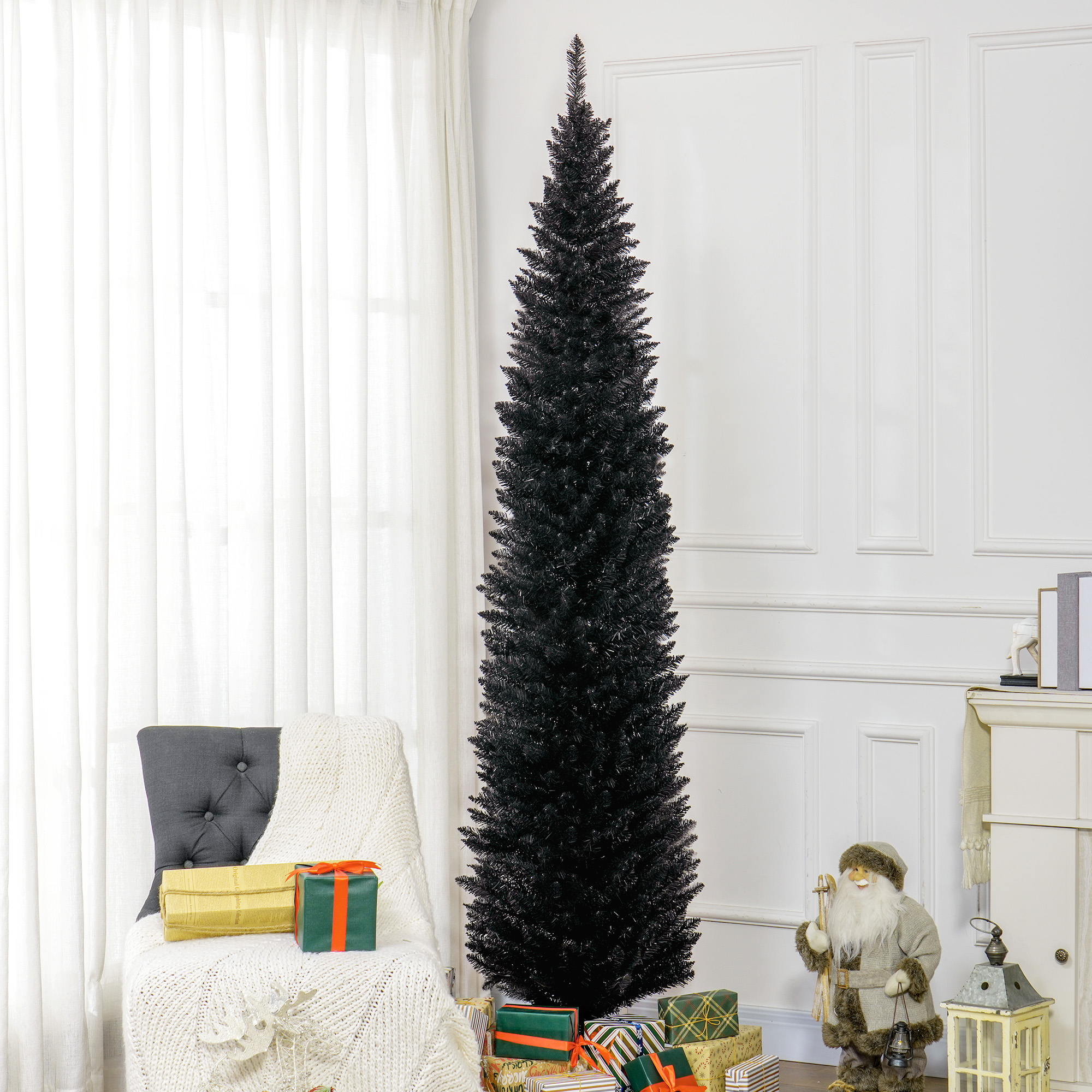 Árbol de Navidad artificial tipo lápiz, 8 pies, sin luces, ramas realistas, base plástica, negro