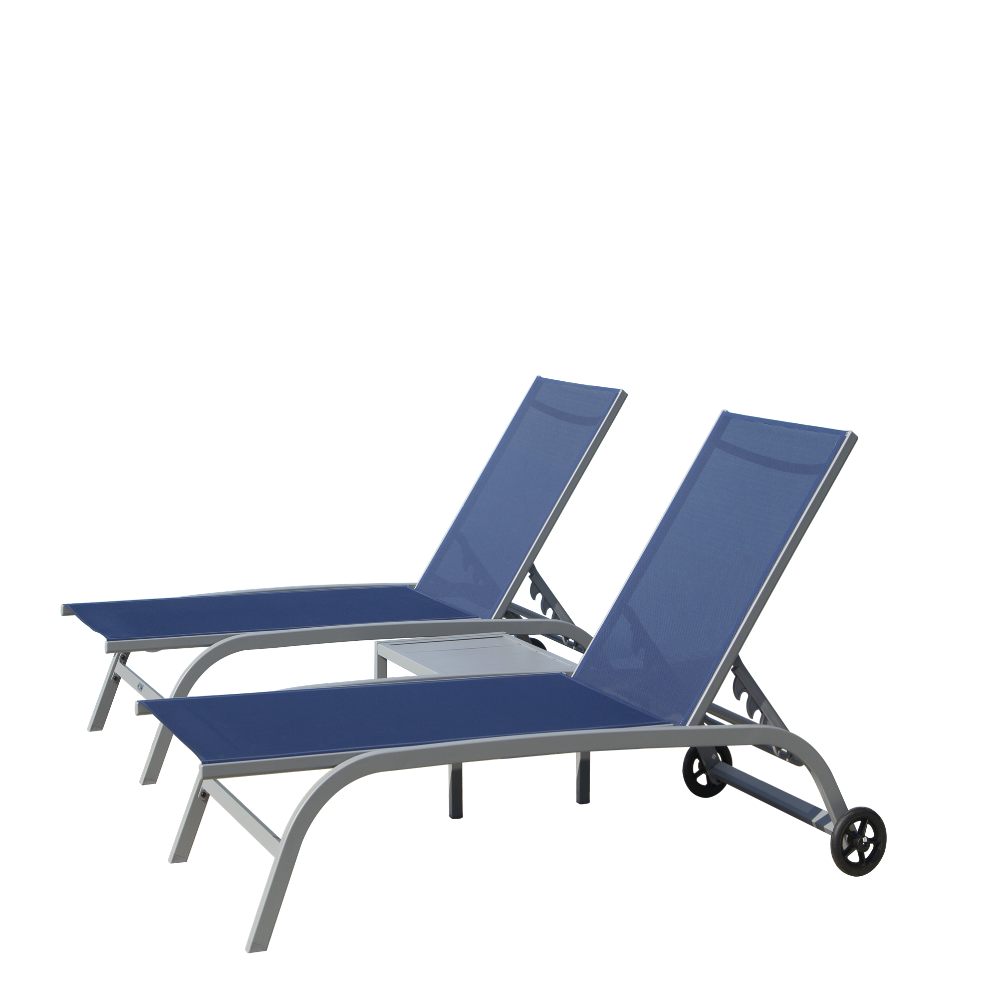 Chaise Lounge Outdoor Set Of 3, Lounge Chairs For Outside With Wheels, Outdoor Lounge Chairs With 5 Adjustable Position, Pool Lounge Chairs For Patio, Beach Blue, 2 Lounge Chairs 1 Table