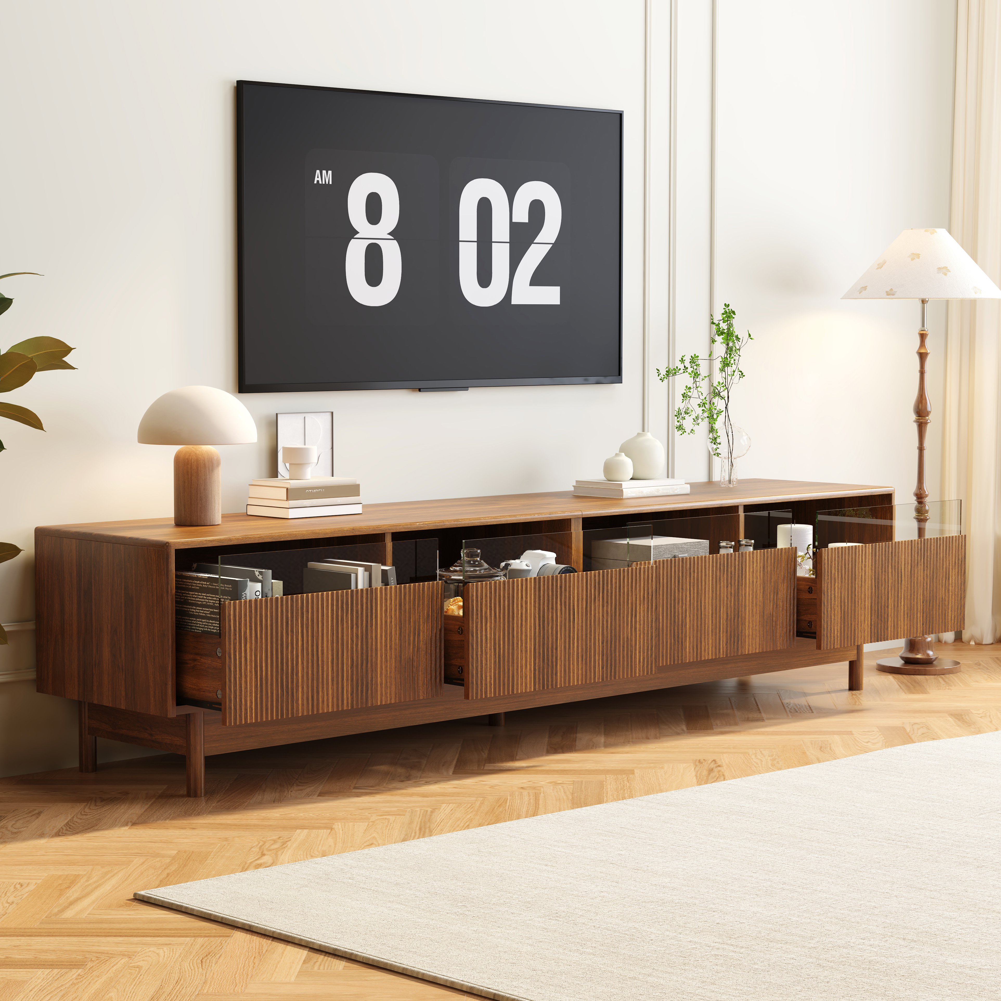 78inch TV Stand for Living Room - up to 85 Inch TVs, Modern Entertainment Center with Drawers, TV Console Table with Glass Drawers for Bedroom, Living Room