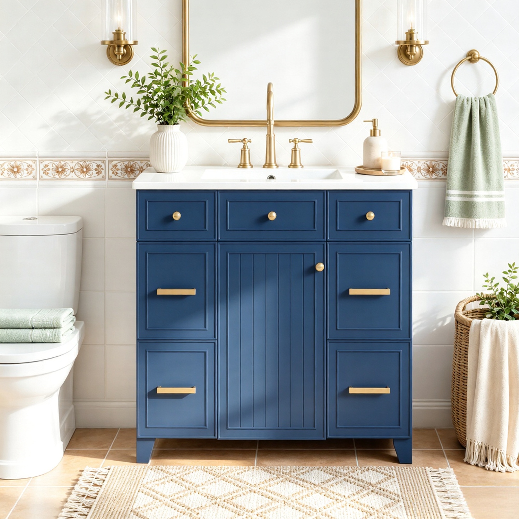 36" Bathroom Vanity with Ceramic Sink, Blue, Solid Wood Frame, Soft Close Doors, Adjustable Shelves, 3 Drawers,Including Double-Depth Drawer for Hairdryer Storage(Old sku:
N729P255663C)