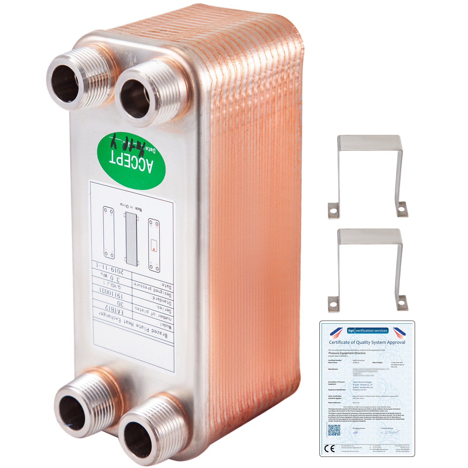 Intercambiador de calor de placas soldadas, 3x7.5 pulgadas, 30 placas, 316L B12-30