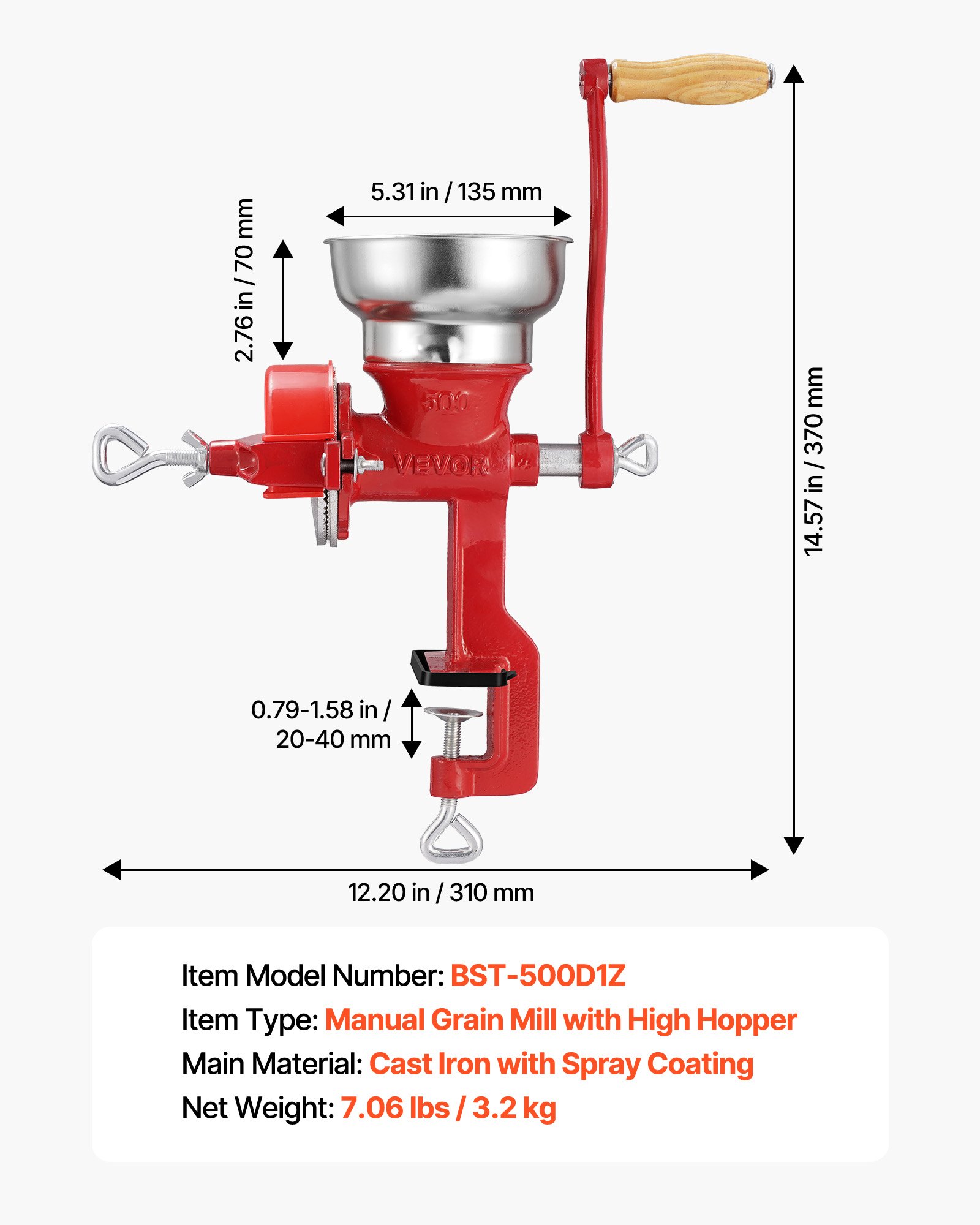 Manual Grain Mill With Low Hopper, Hand-Crank Corn Grinder, Heavy Duty Cast Iron Wheat Grinding Mill With Stable Table Clamp & Dust Cover For Grains Spices Coffee Beans Nuts
