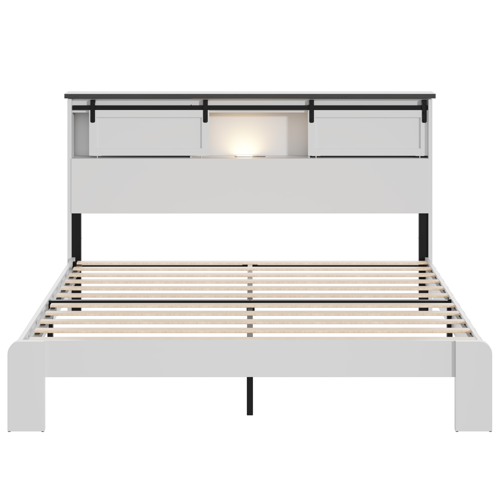 Base de cama Queen de metal con estación de carga, sin somier, blanco