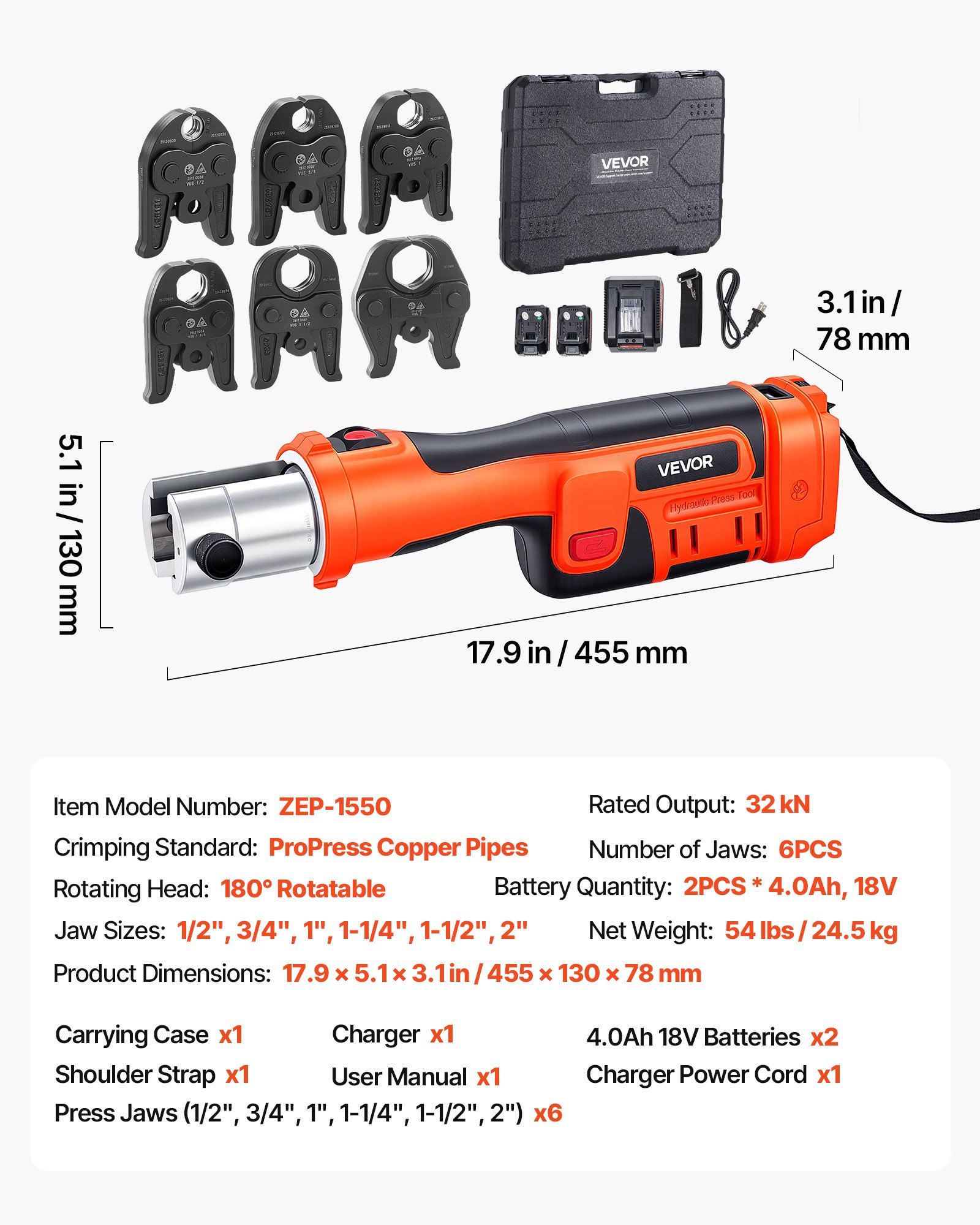 Herramienta de prensado eléctrica 18V para tuberías de cobre 1/2" a 2", 6 mordazas VUS