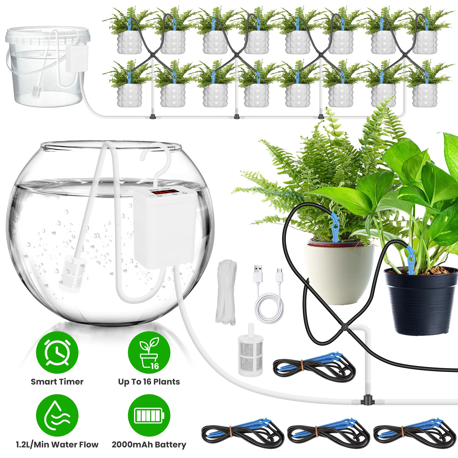 1Pc Automatic Plant Watering Device Indoor Drip Irrigation System With LCD Display Rechargeable Plant Watering Device Adjustable Timer For Up To 16 Drip Arrows Vacation Self Watering System For House