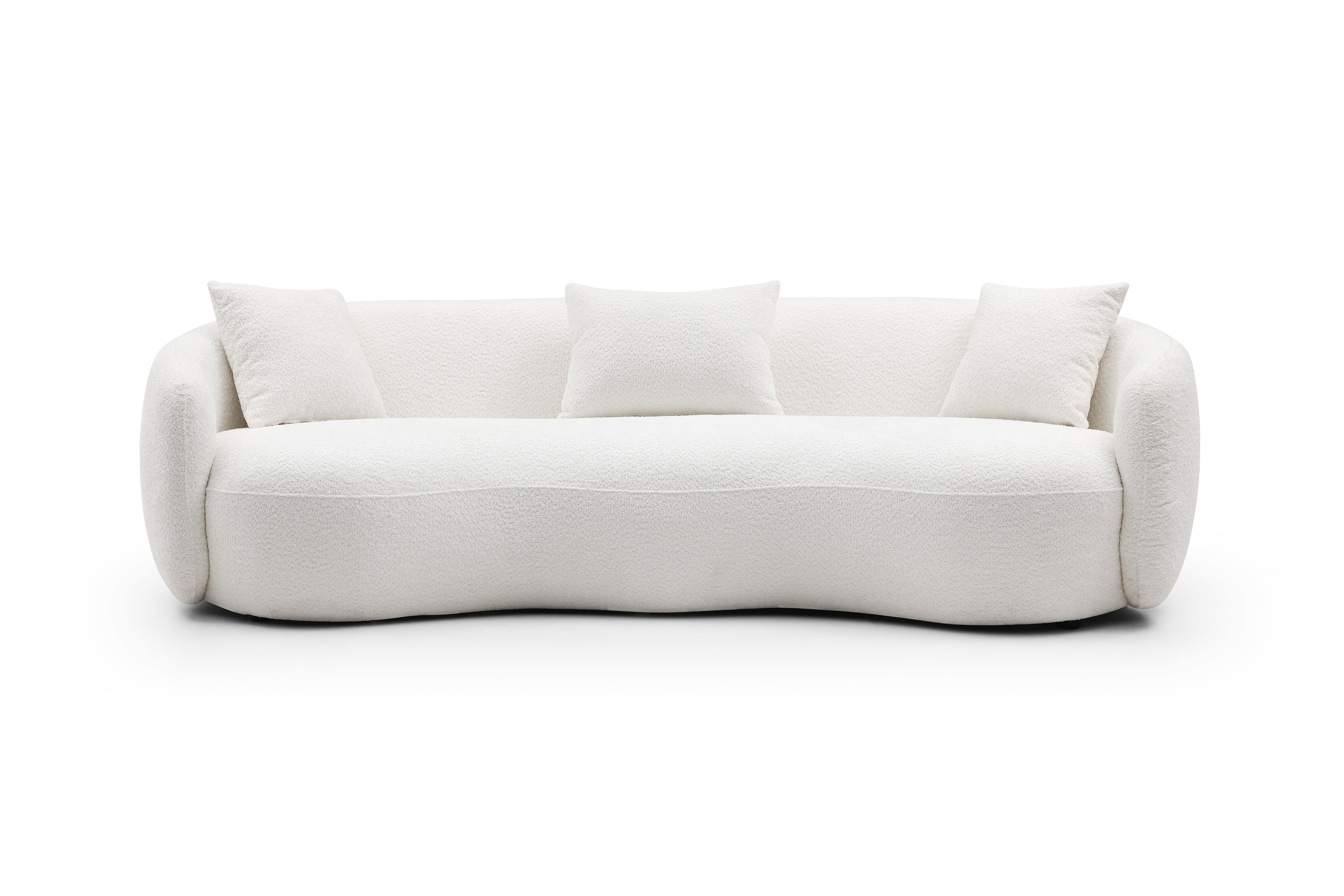Mid Century Modern Curved Living Room Sofa, 4-Seat Boucle Fabric Couch For Bedroom, Office, Apartment, Off White Beige And White