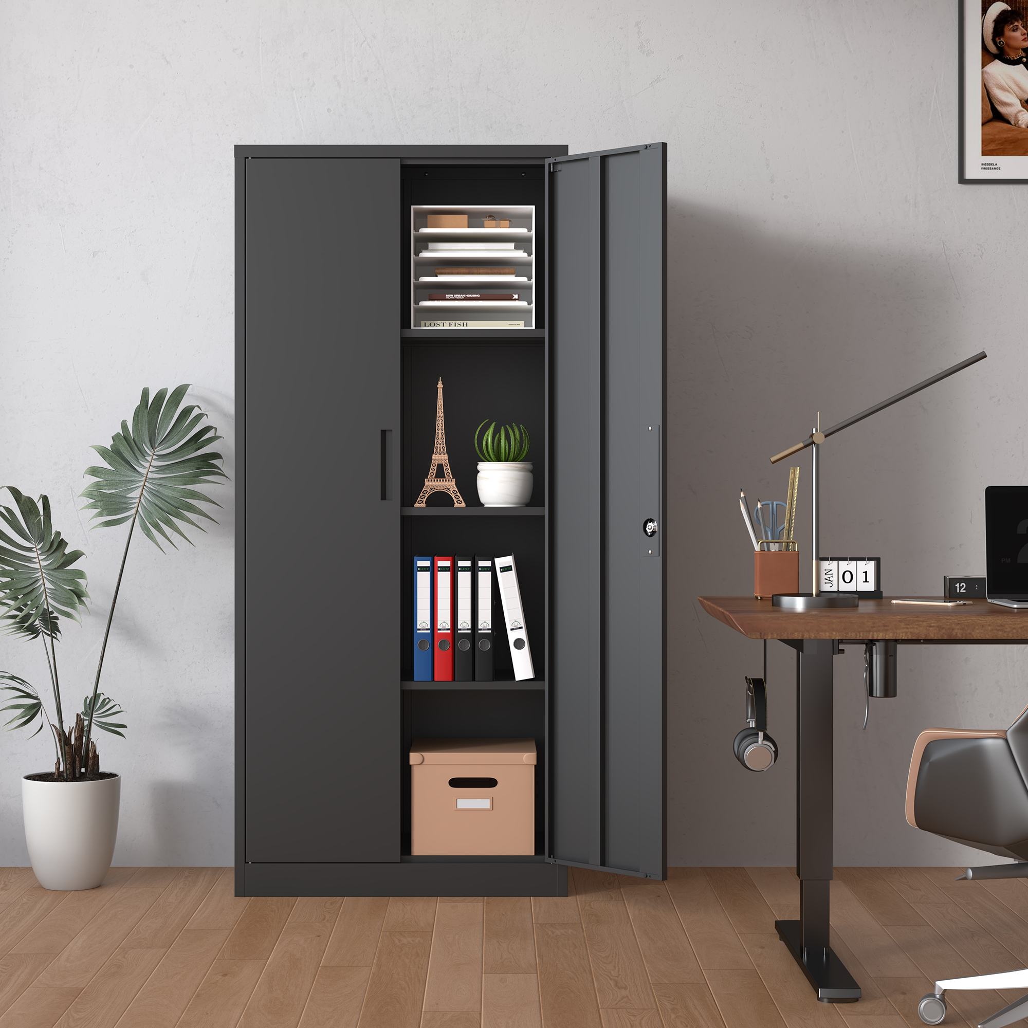 71 H Metal Garage Storage Cabinet, Black Tool Steel Locking Cabinet With Doors And 3 Shelves, Tall Cabinets For Garage Storage Systems Lockable File Cabinet For Home Office, Classroom Pantry