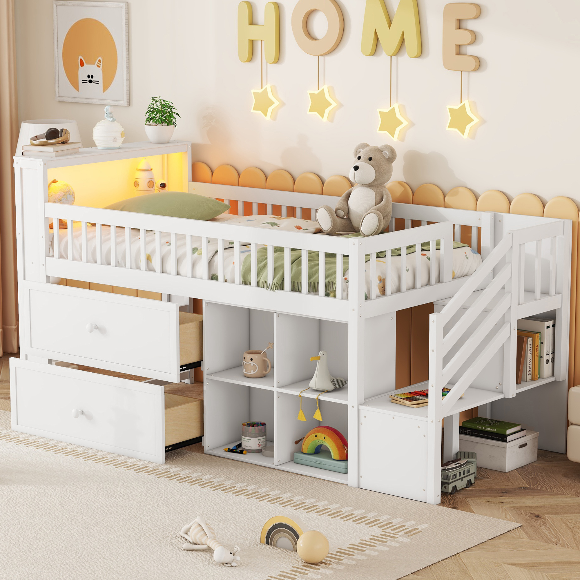 Cama alta individual de madera con LED, estantería, escaleras y cajones de almacenaje, blanca.