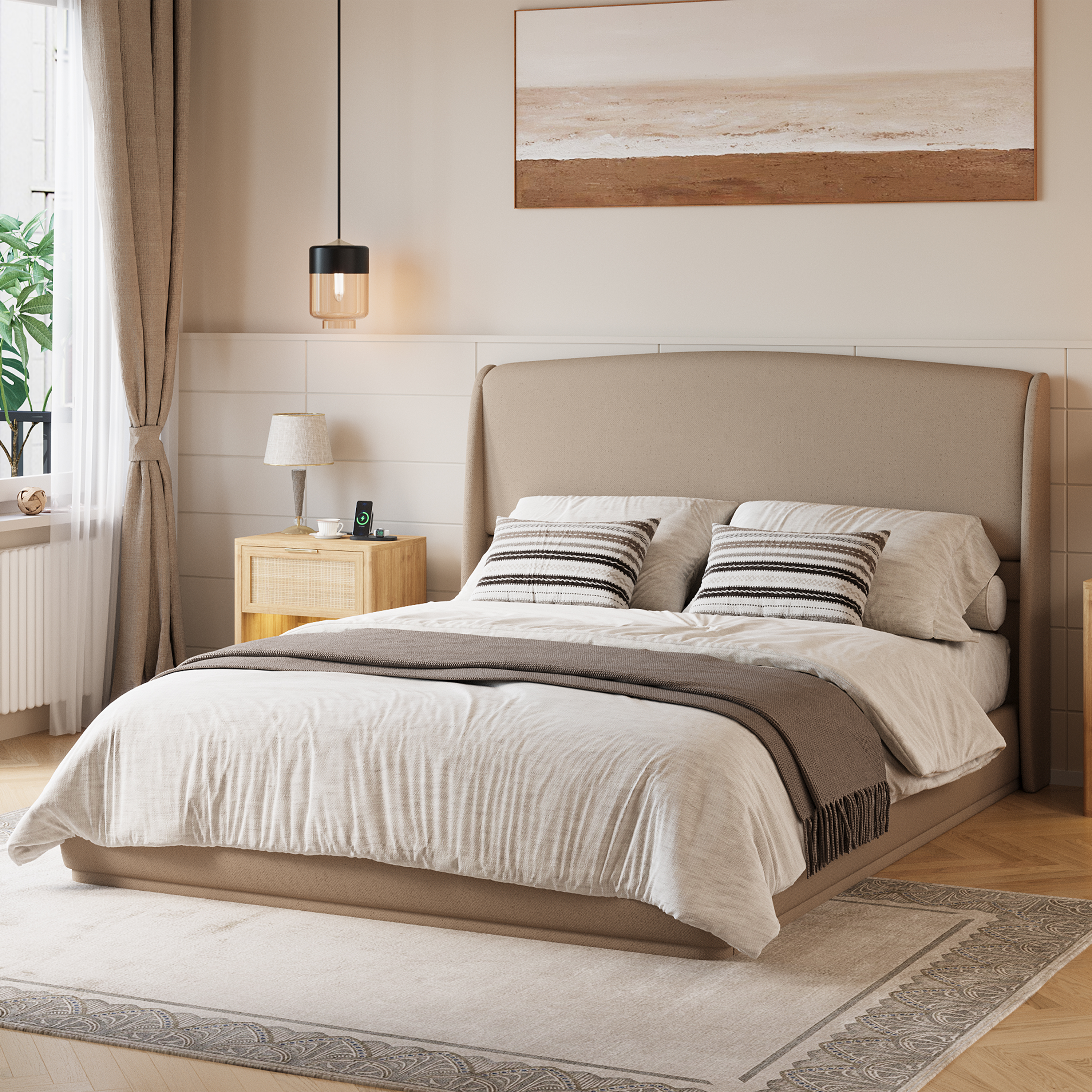 Base de cama Queen tapizada con cabecero con alas, perfil bajo, tela de lino, marrón.