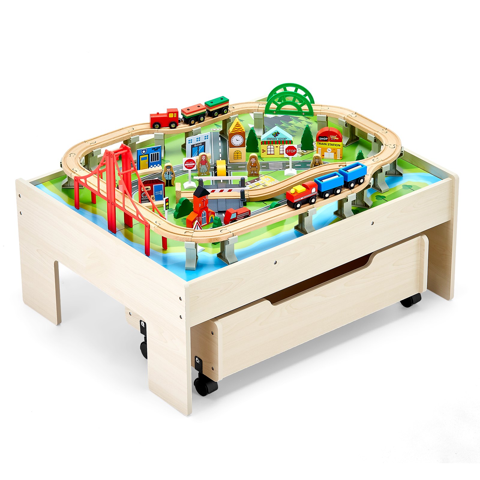 Train Table 100 Pieces Wooden Kids Activity Table With Rolling Storage Drawer