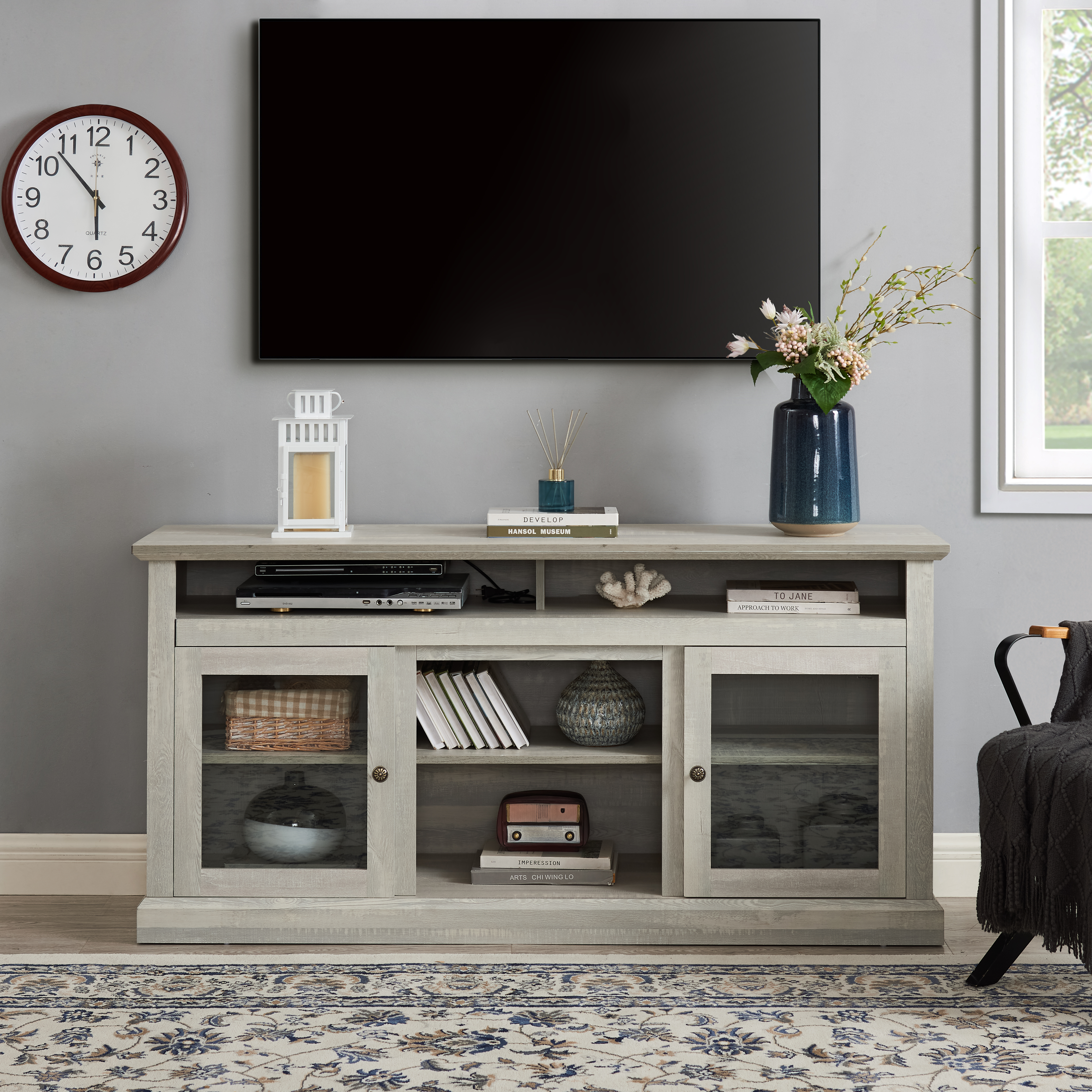 Mueble para TV moderno para TV de hasta 65 pulgadas, almacenamiento abierto y cerrado, gris