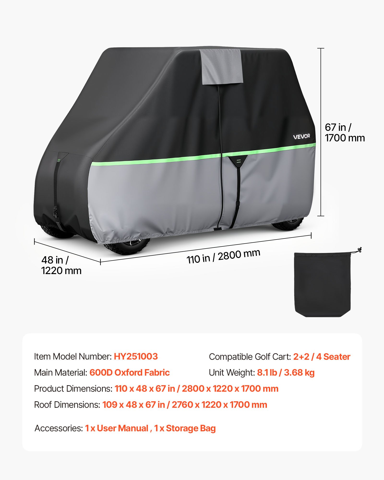 Golf Cart Cover, Full Coverage 2+2/4 Passenger Golf Cart, 600D Waterproof Oxford Fabric Club Car Cover Fits Most Carts Club Car, Yamaha, EZGO, Honda, PU Coating & Three Zipper Doors