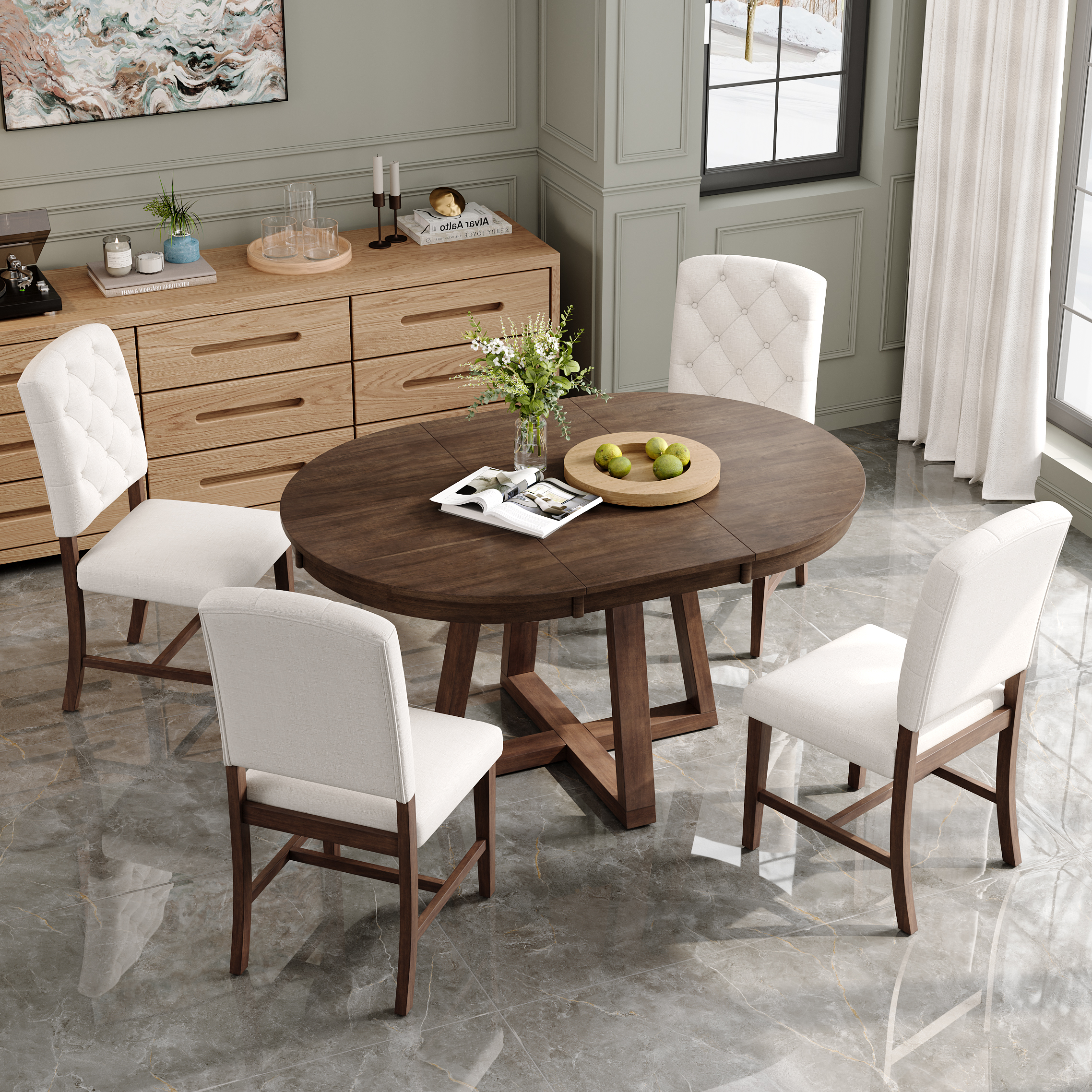 Juego de comedor TREXM retro de 5 piezas, mesa redonda con extensión de 16 pulgadas, nogal