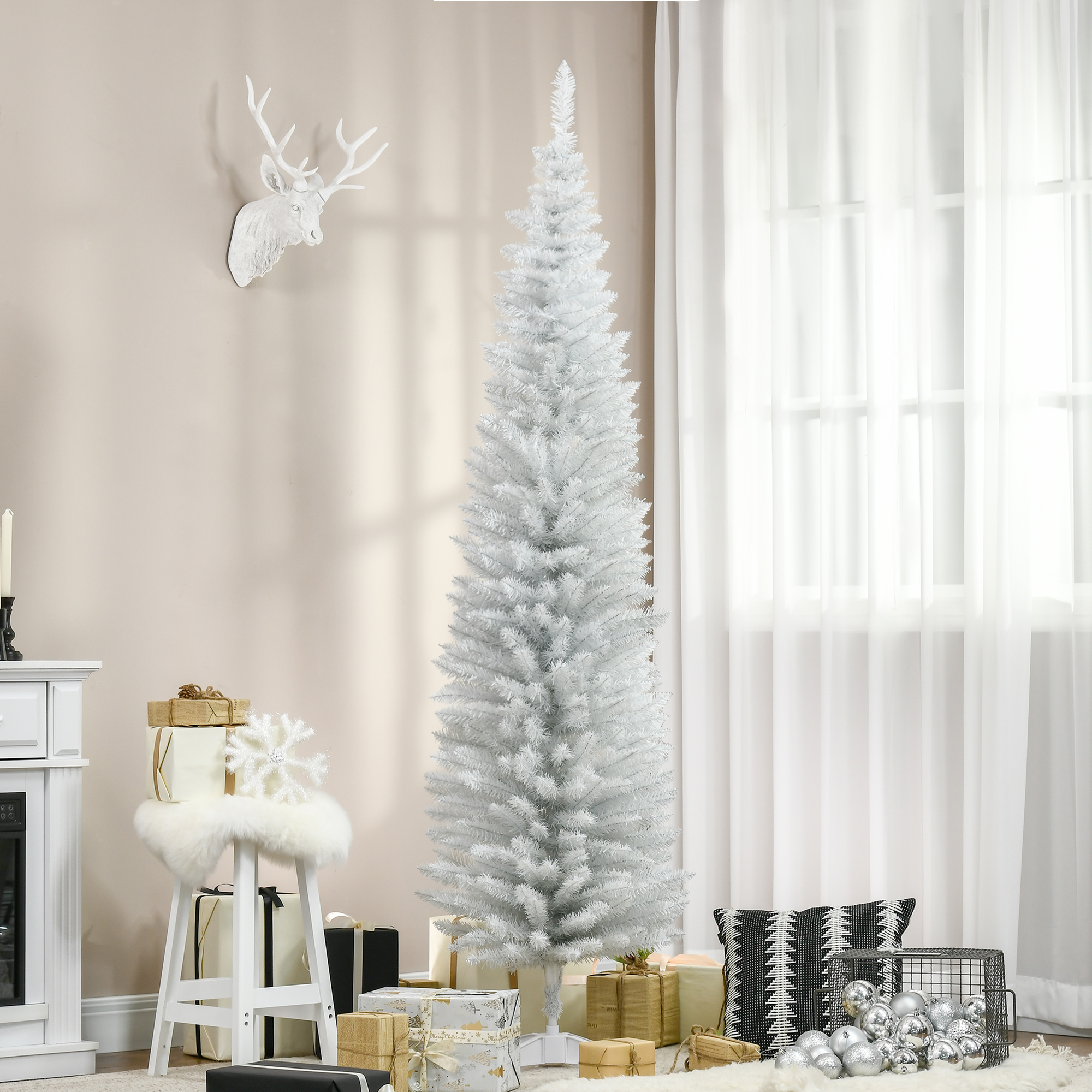 Árbol de Navidad artificial tipo lápiz de 7 pies, sin luces, blanco