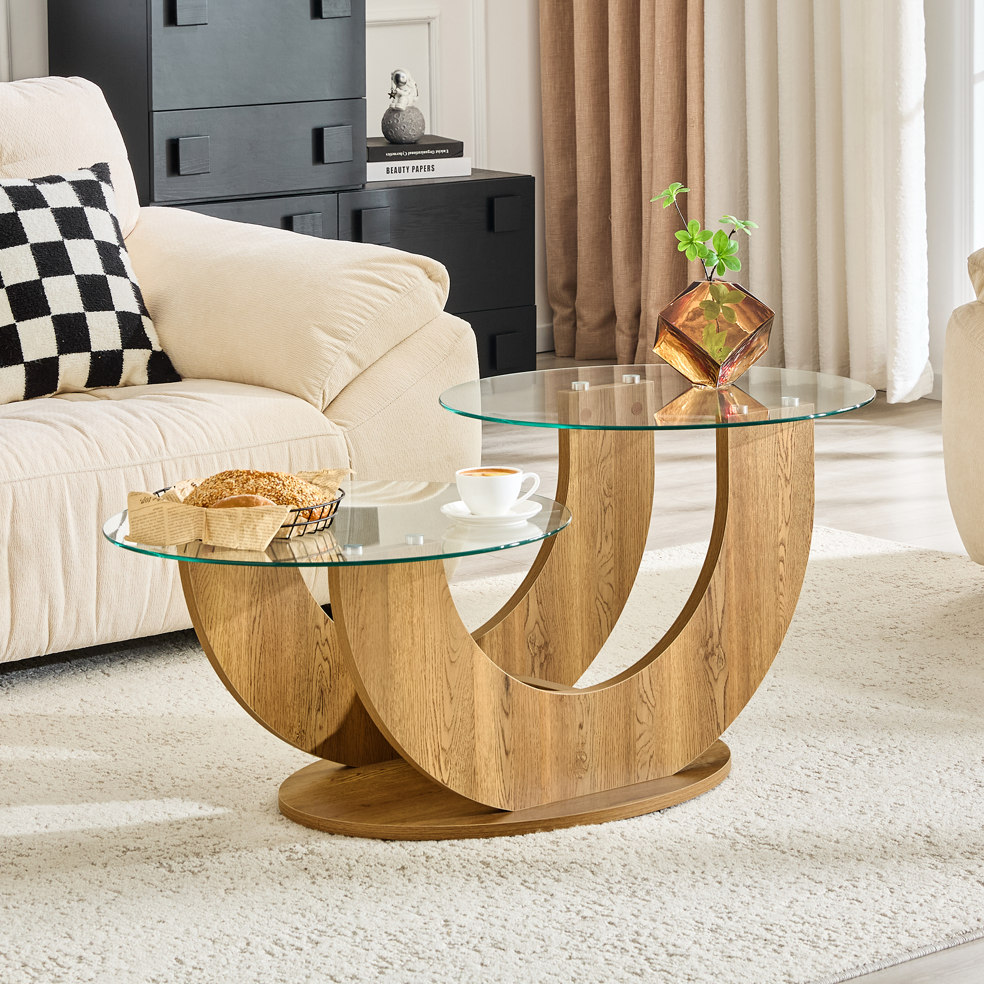 Mesa de centro de cristal en forma de U, doble nivel, base MDF, altura ajustable