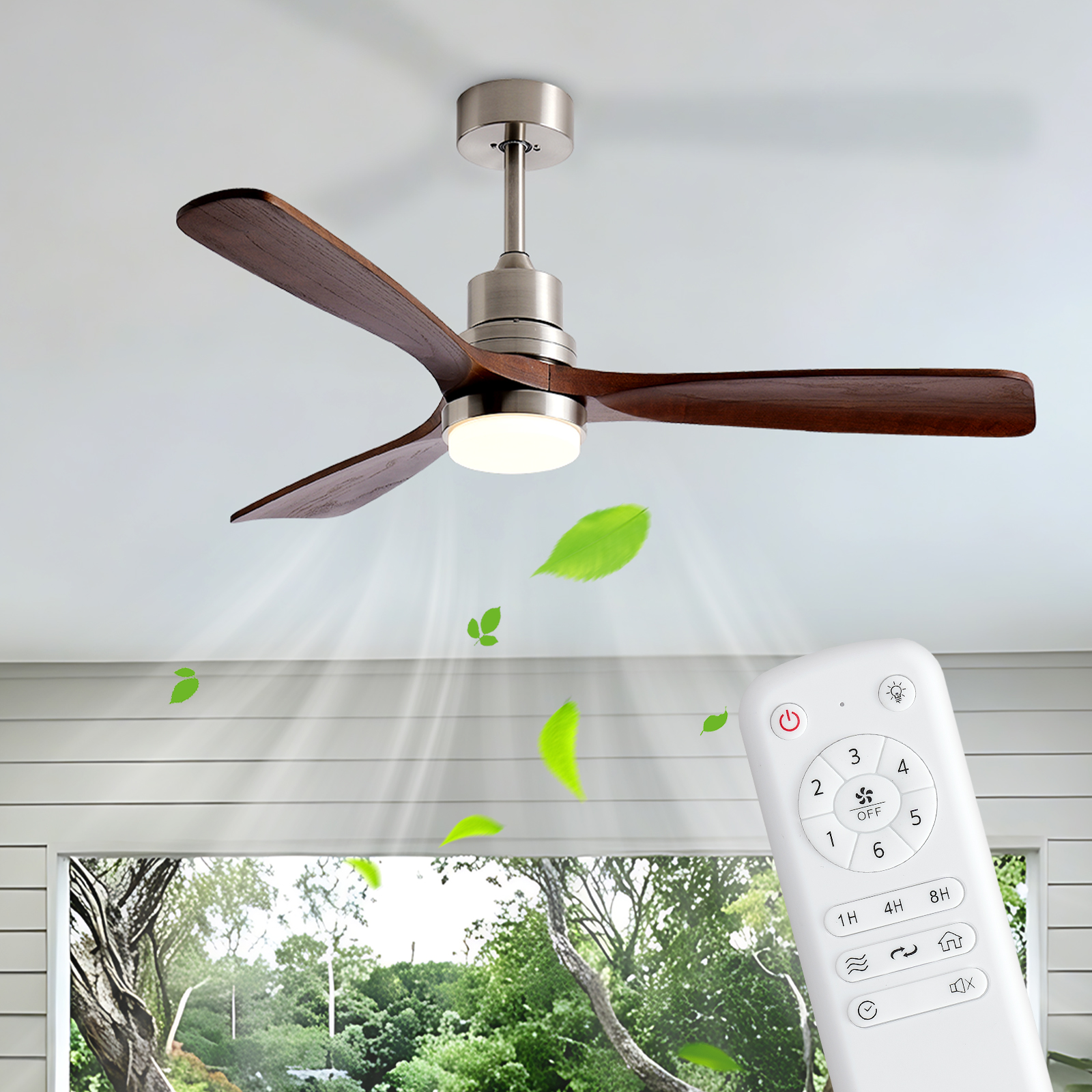 Ventilador de techo de 52 pulgadas, níquel cepillado, con luz y control remoto
