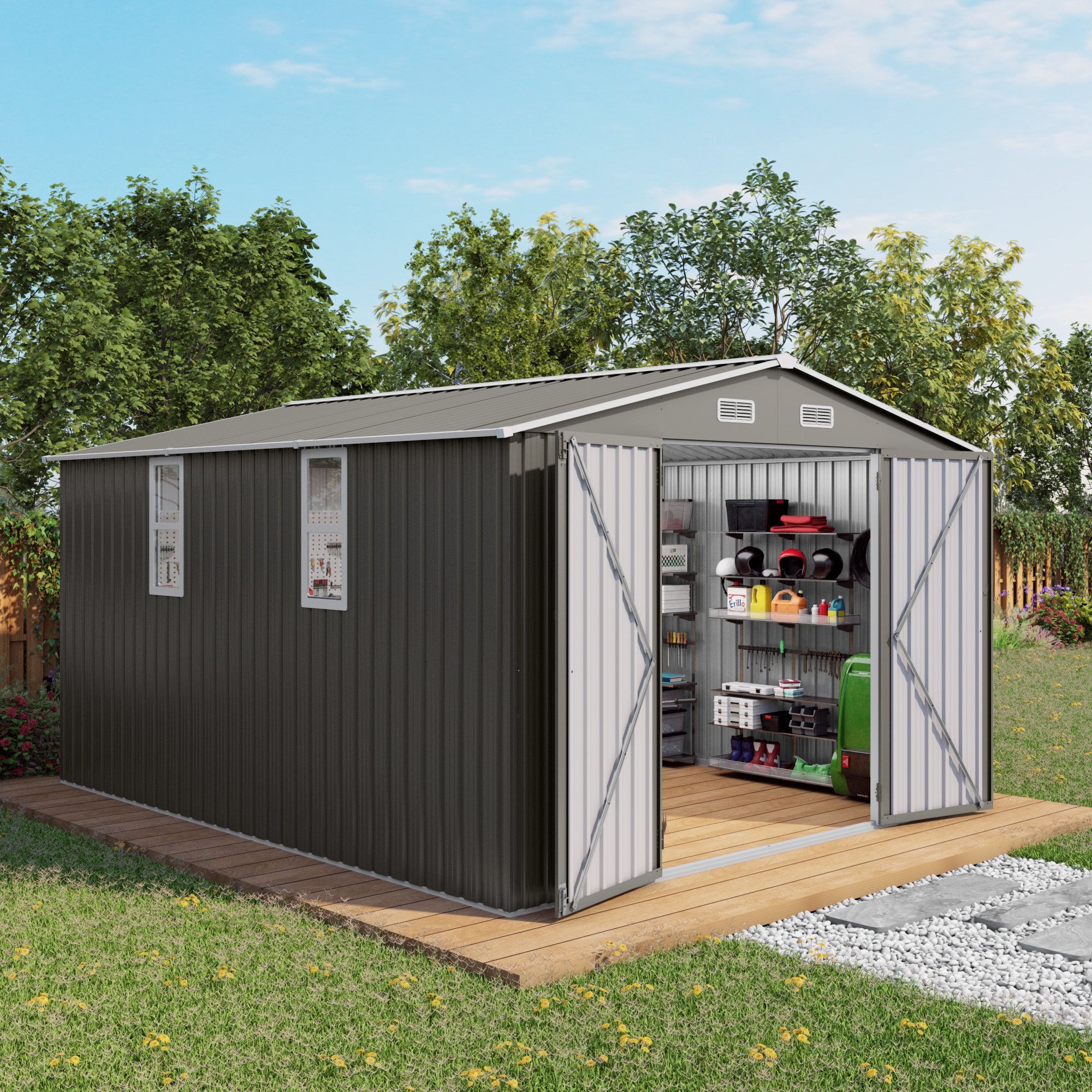 Caseta de almacenamiento exterior de metal 10x12 pies, doble puerta, 2 ventanas, impermeable, Gris
