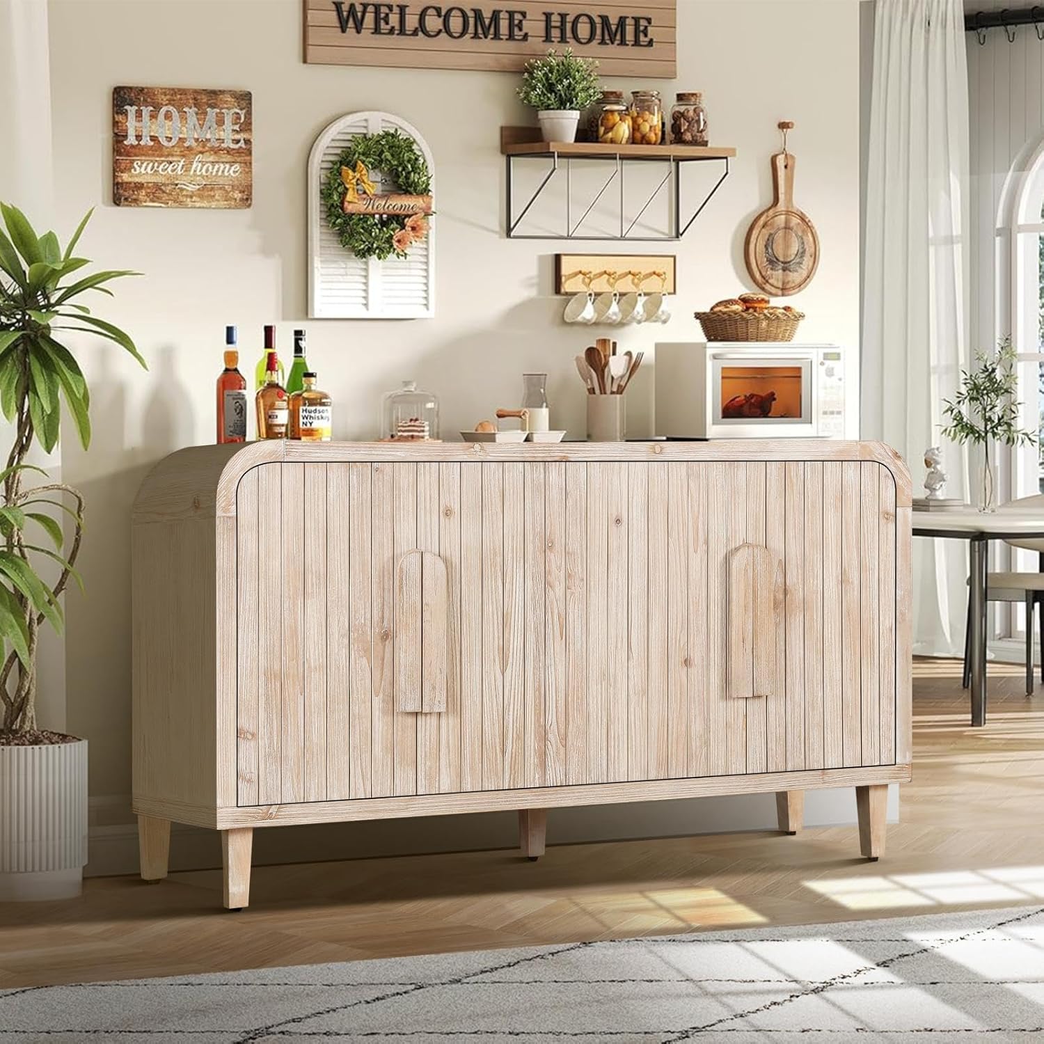 59Farmhouse Curved Vintage Storage Sideboard With Large Wooden Handles, Vertical Wood Grain Carving And Adjustable Shelves For Kitchen,Dining Room Natural Wood Washed