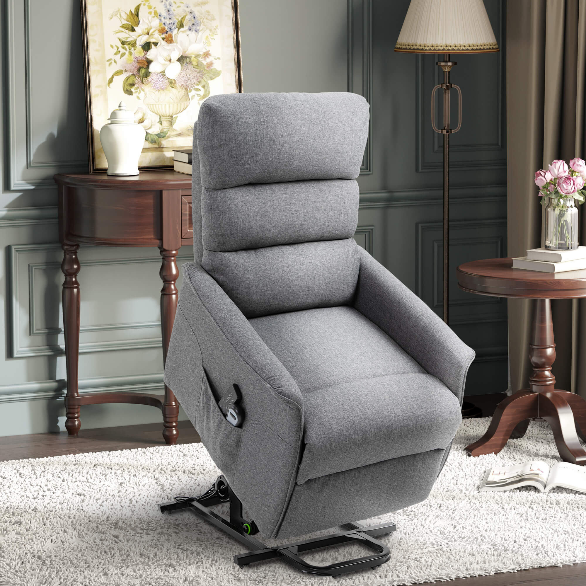Sillón reclinable eléctrico con elevación asistida y control remoto, lino gris