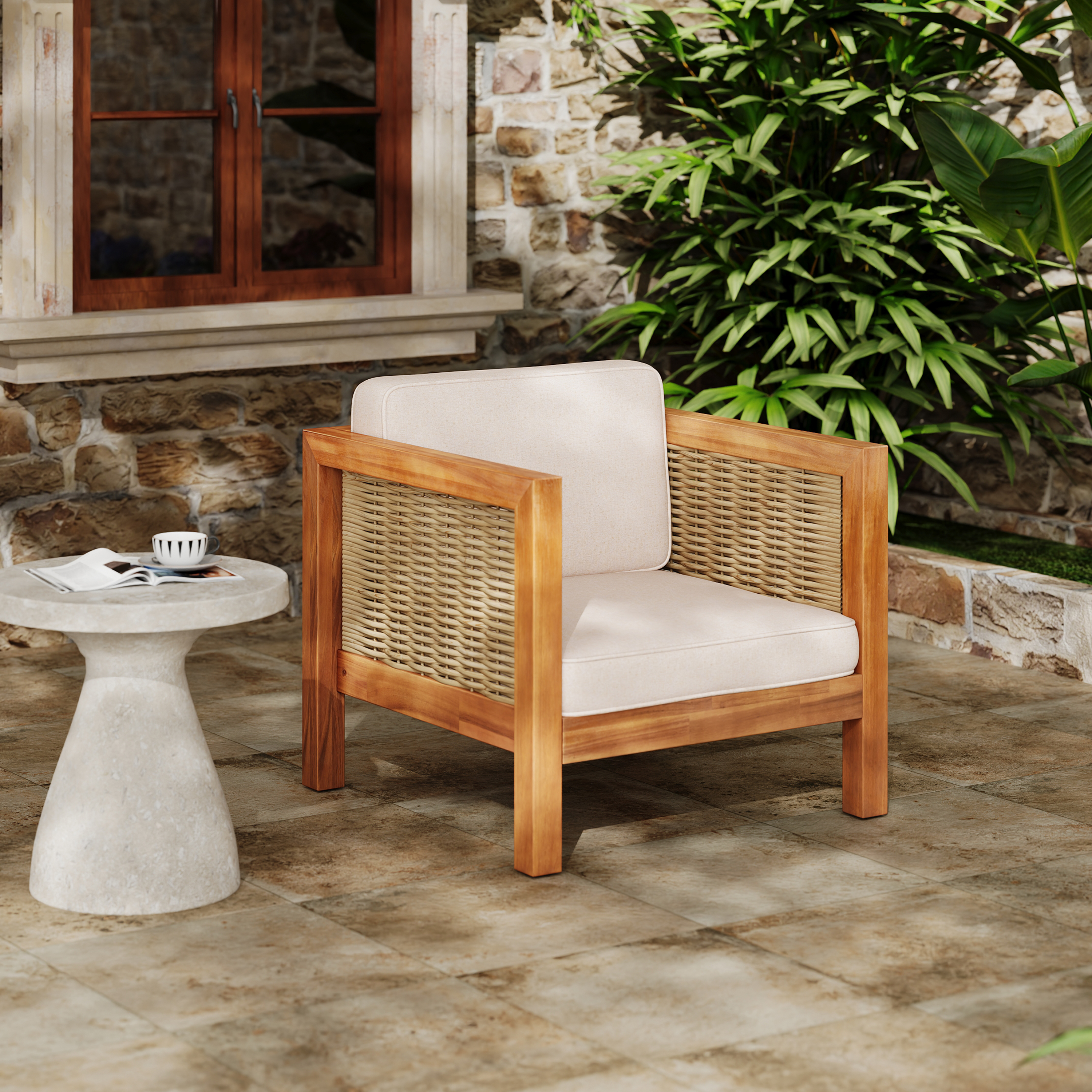 Sillón de club de exterior de madera de acacia con brazos de mimbre, cojines beige, 400 libras