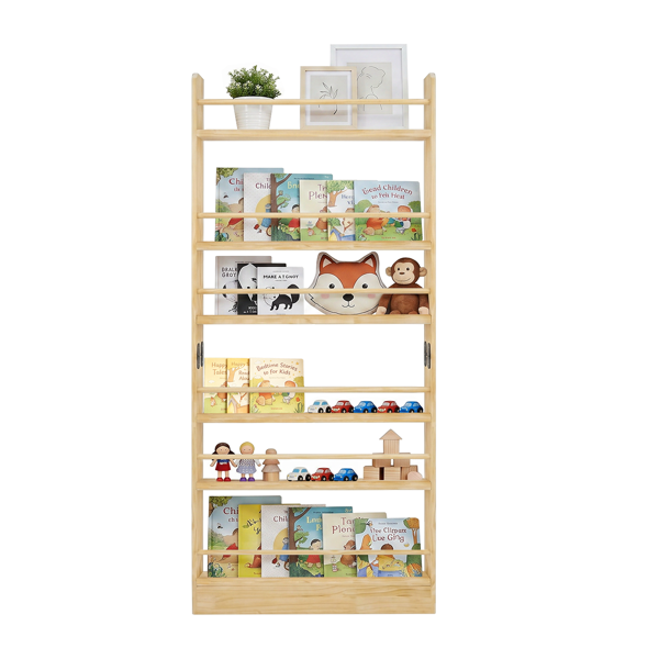 6 Tier Behind The Door Bookshelf, Wooden Kids Bookshelf With Open Storage, Wall Mount Shelve & Space- Saving, Solid Wood Bookshelf For Bedroom, Living Room, Playroom Natural Wood
