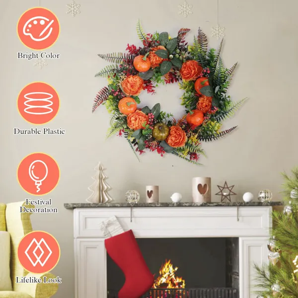 17.71" Autumn Wreath With Pumpkin Mixed Leaves Berries Flowers Fall Decoration For Indoor Outdoor Window Wall Front Door In Halloween Thanks Giving Day