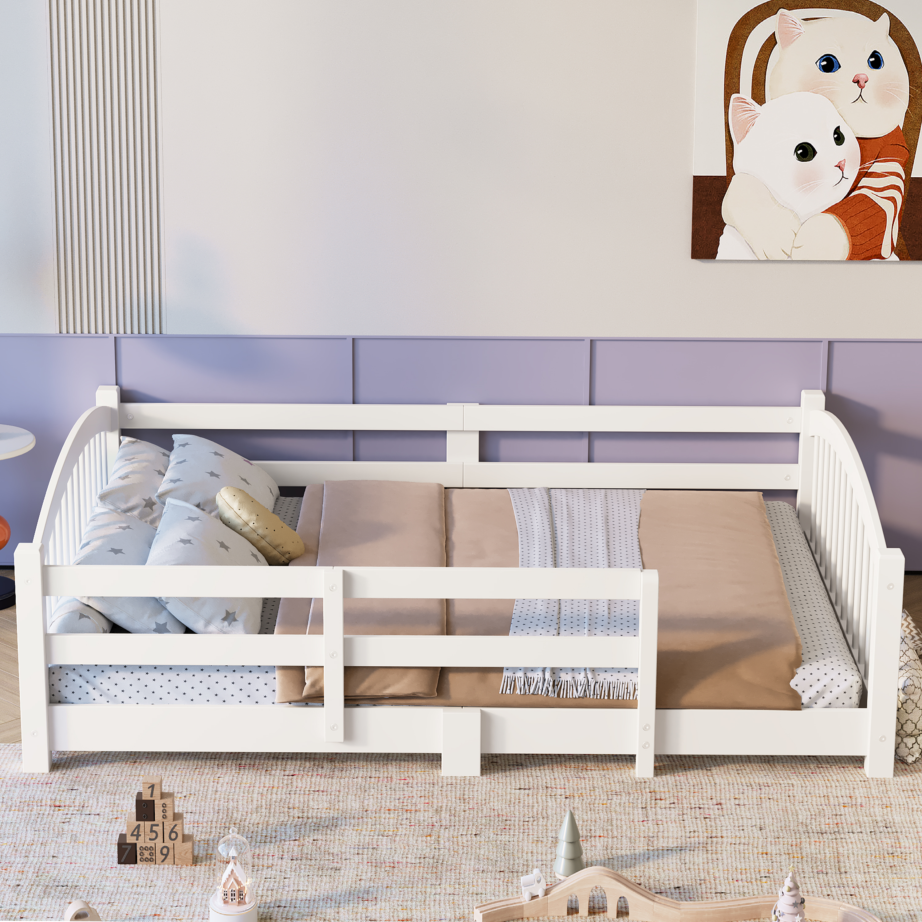 Cama Montessori de piso, tamaño Full, madera sólida, con barandales, blanca