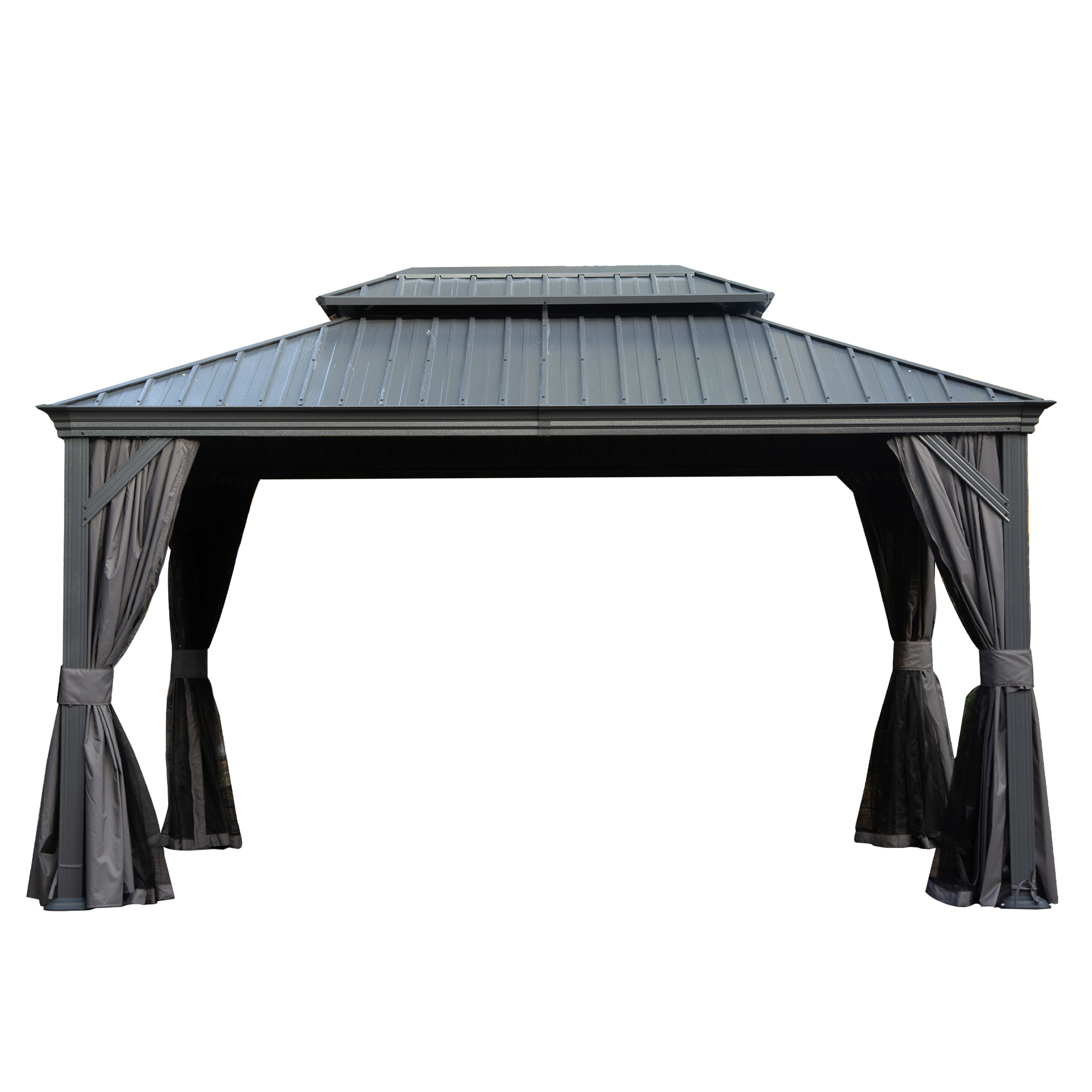 10  X 14  Hardtop Gazebo, Upgraded Metal Gazebo With Drainage System, Dual-Layer Galvanized Steel Roof, Curtain And Netting, Outdoor Shelter Canopy For Patio, Garden, And Backyard, Grey