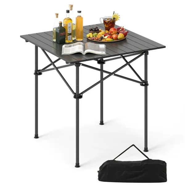 Mesa de camping plegable negra de 28 pulgadas, aluminio, 150 libras, con bolsa