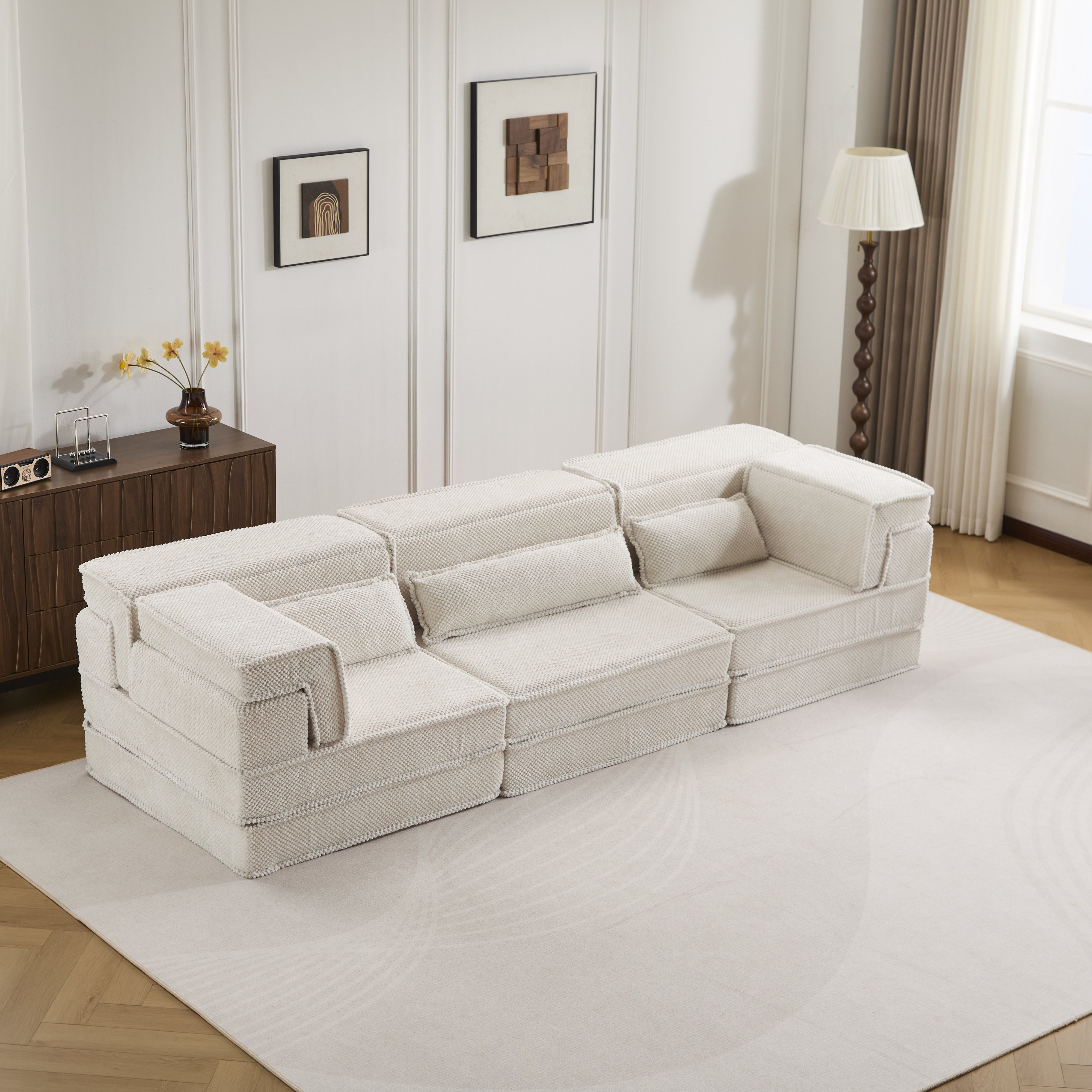 Sofá modular seccional Mahjong de 3 plazas, convertible a cama, tela polar, blanco