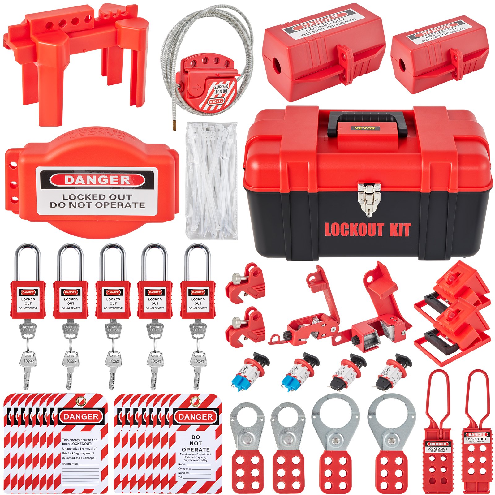 Kit de bloqueo y etiquetado LOTO de 43 piezas para seguridad eléctrica industrial.