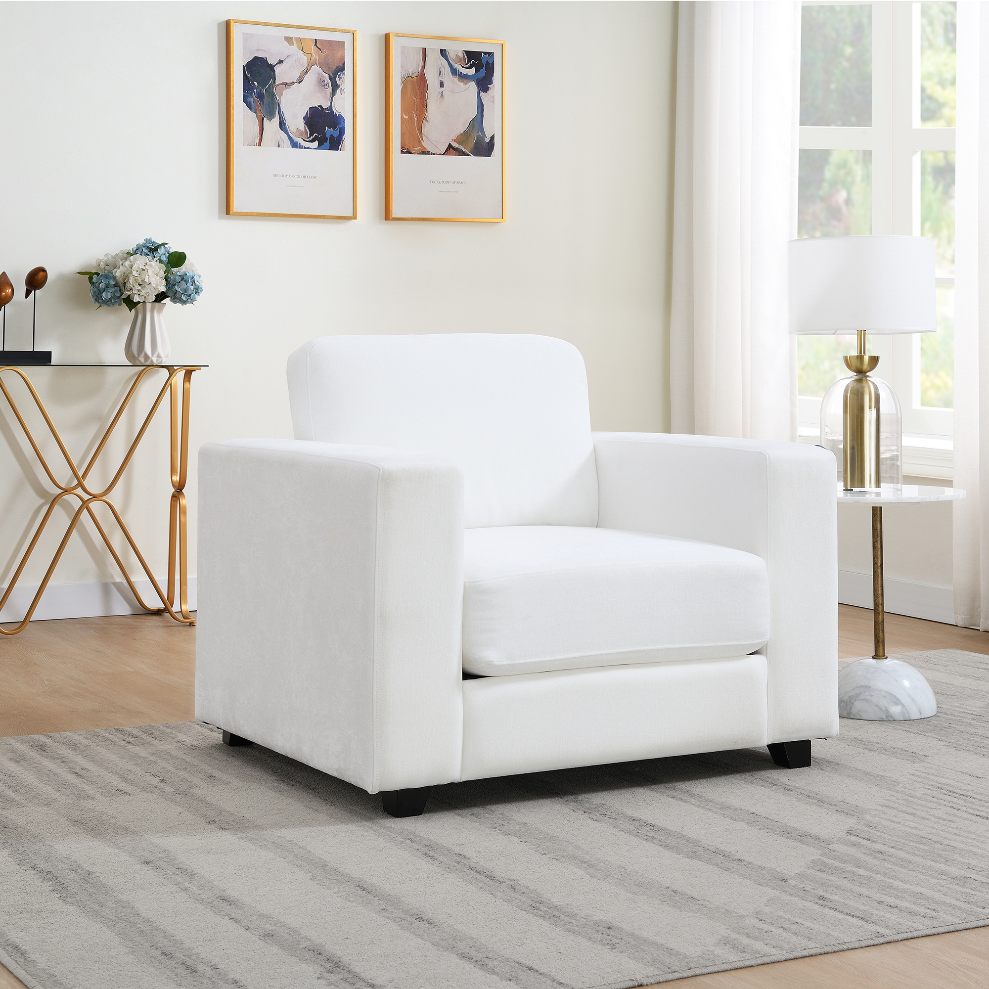 Silla decorativa extragrande de tela chenilla con brazos anchos, fundas lavables, marfil