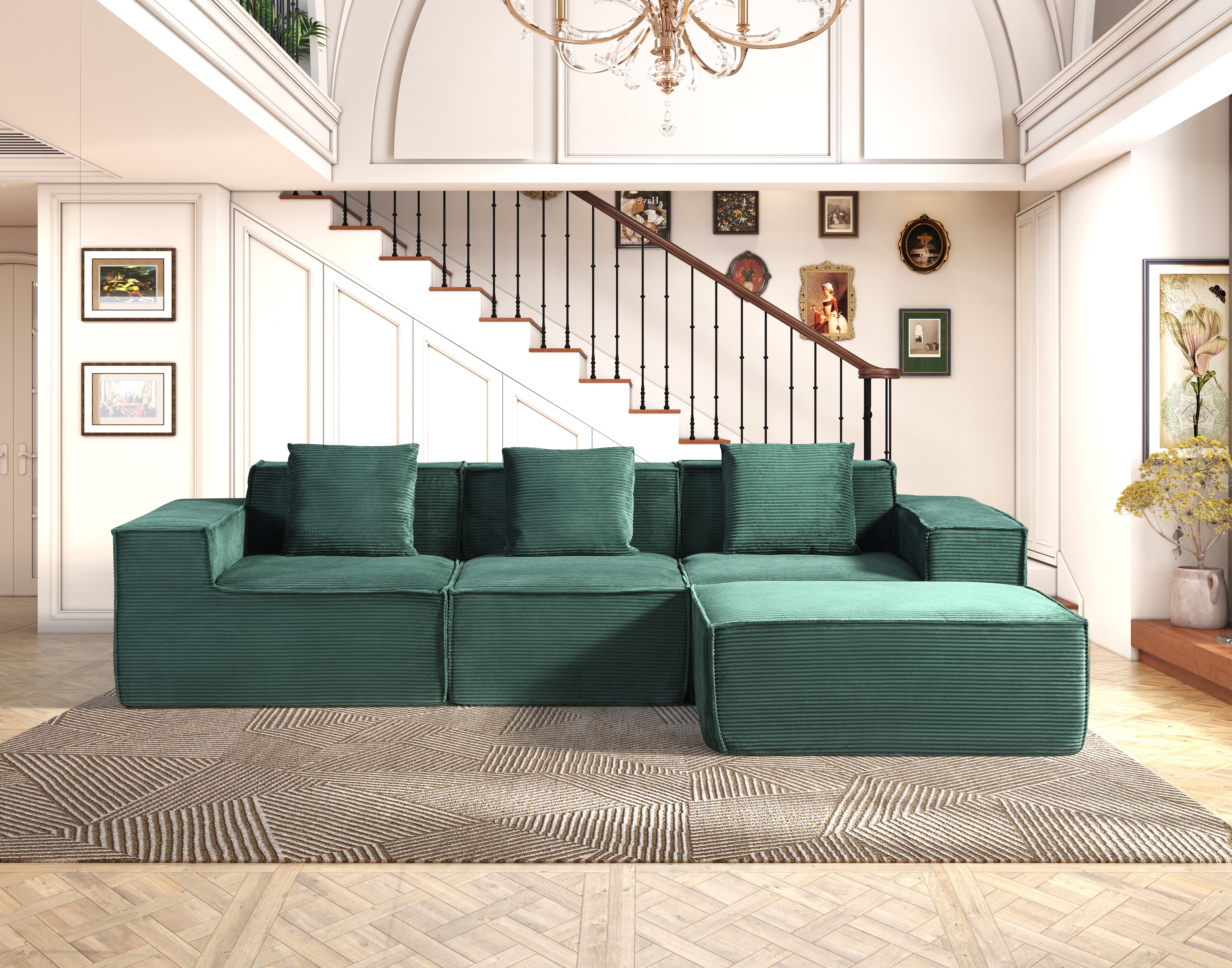 CozyForm Convertible Corduroy Sectional Couch With Ottoman & Pillows, Modular L Shaped Sleeper Sofa, Boneless Cloud Couch For Living Room Furniture, Dark Green