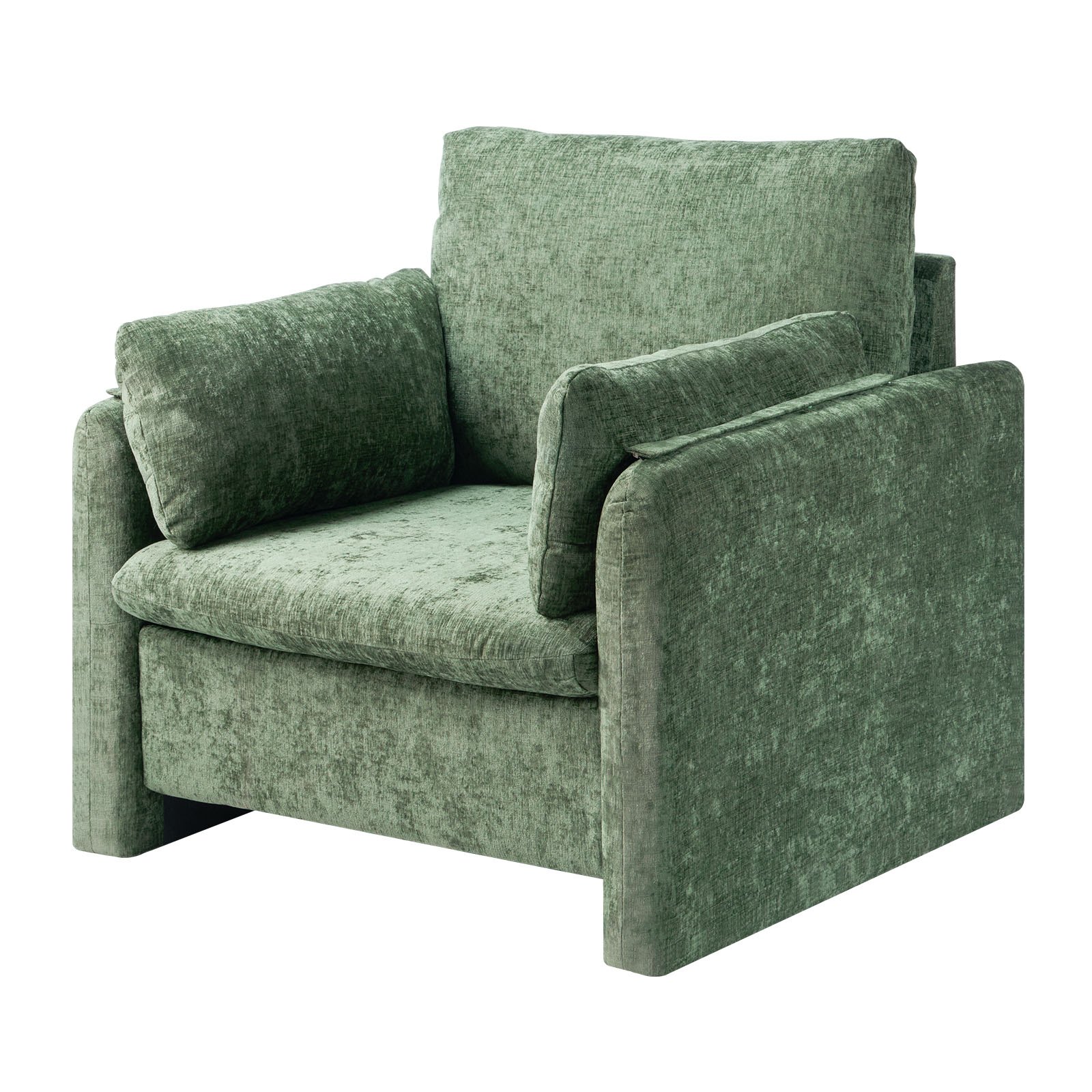 Sillón decorativo moderno tapizado con reposabrazos, cojín grueso y respaldo arqueado, verde
