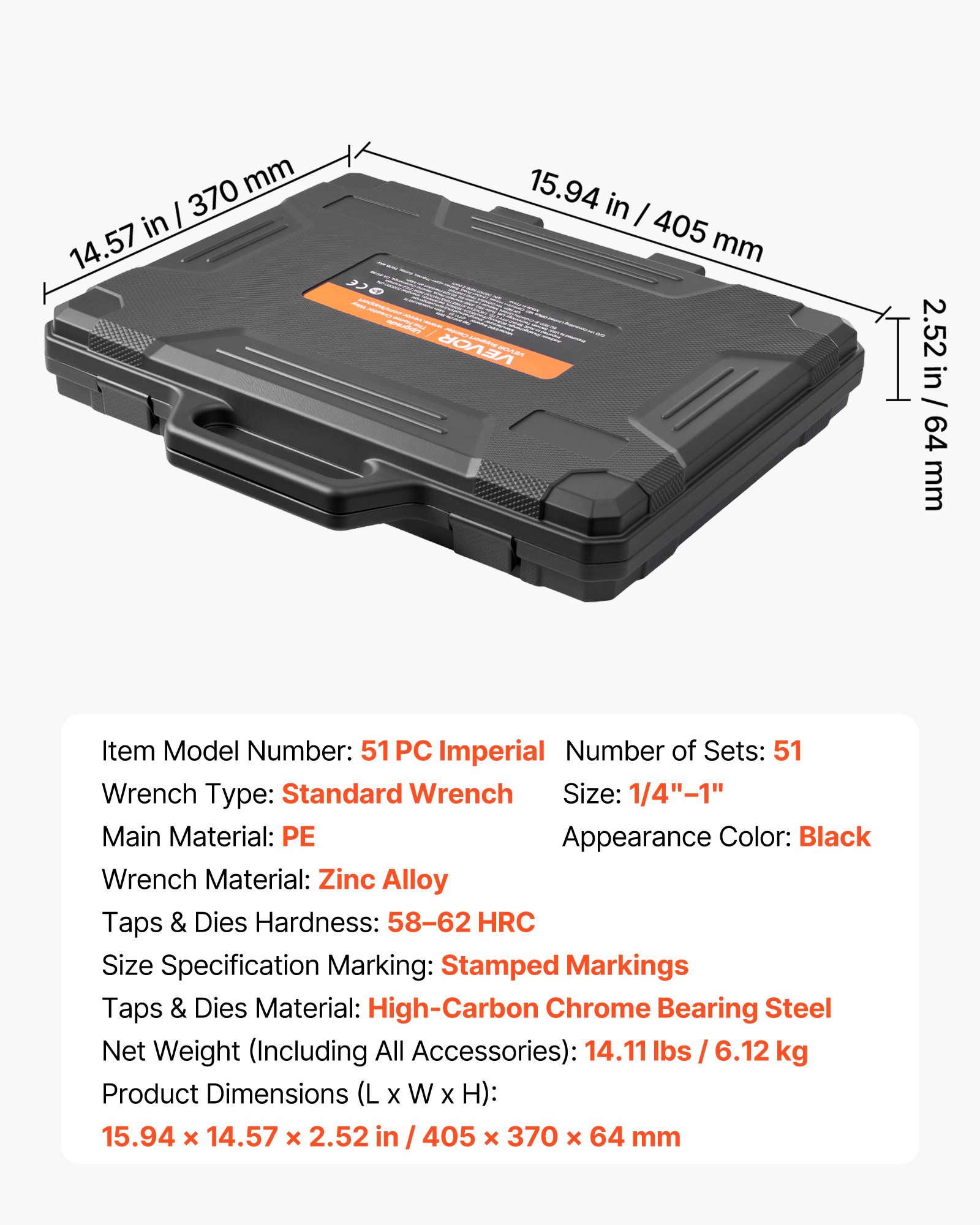 Tap And Die Set, 51-Piece SAE Sizes 1/4" To 1", With Coarse And Fine Thread Taps And Dies, Wrench, Carrying Case And Complete Accessories, Bearing Steel, For Threading And Rethreading Threads