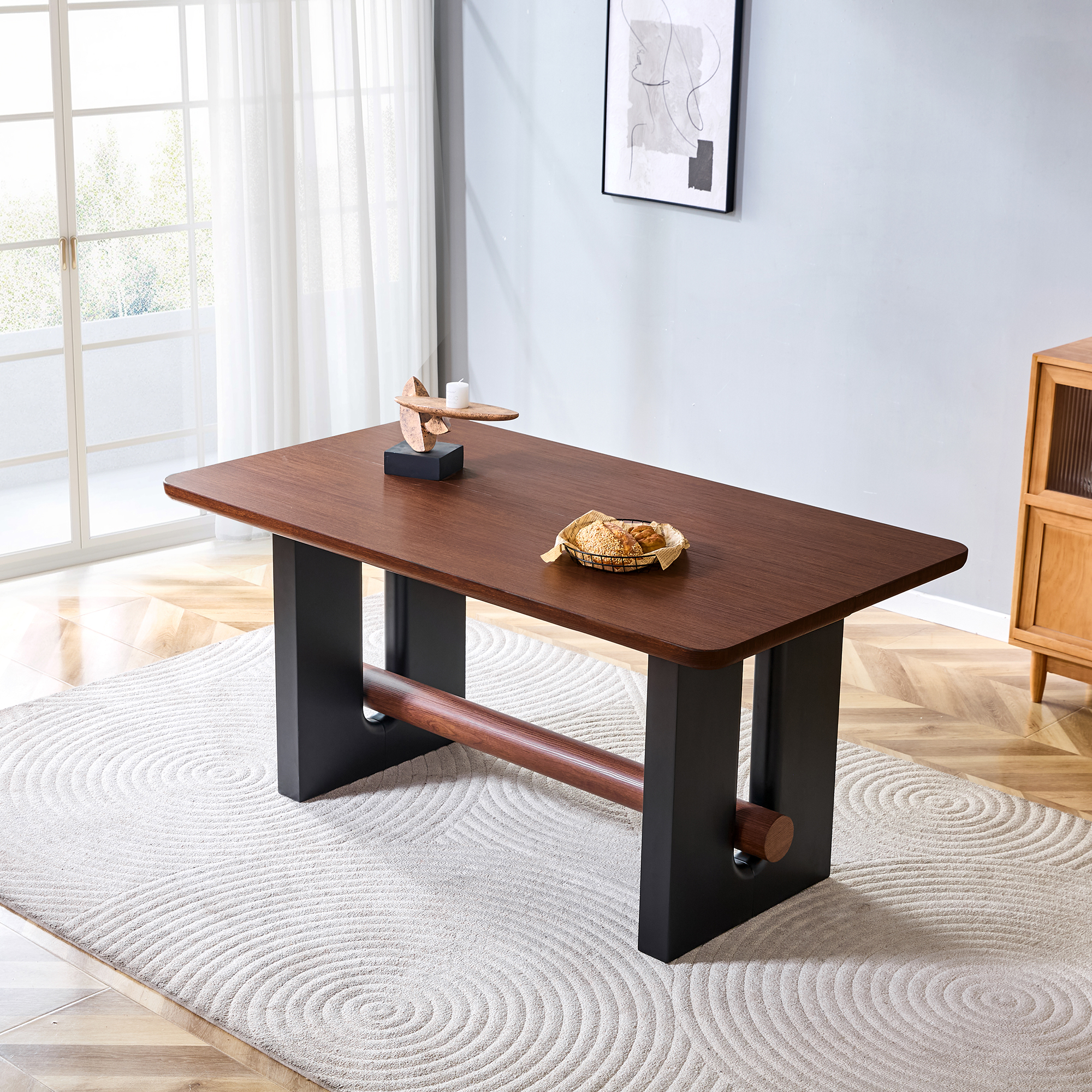 Mesa de comedor moderna de MDF, compacta, nogal y negra, para espacios pequeños.
