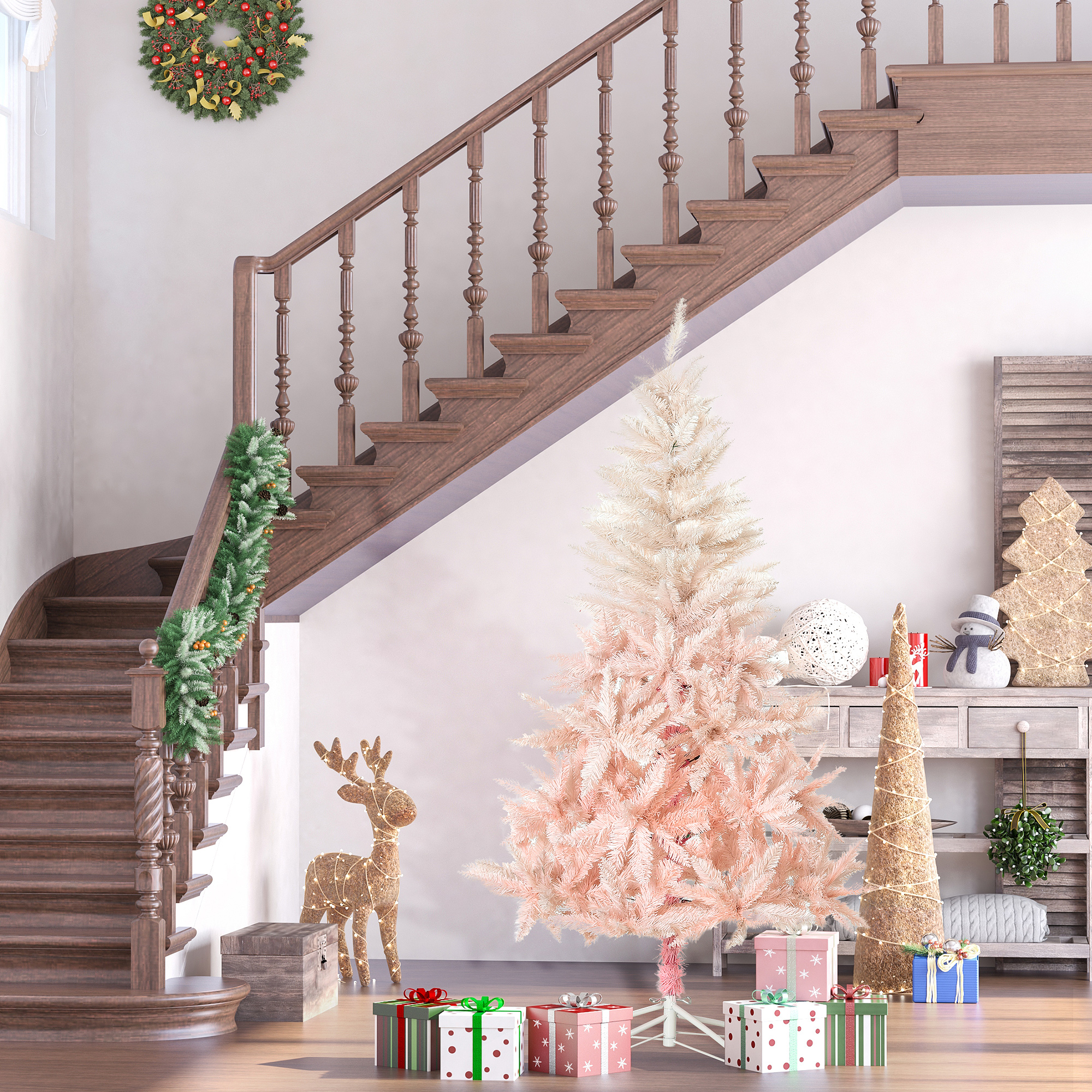 Árbol de Navidad artificial tipo abeto de 7 pies, 1000 puntas, rosa