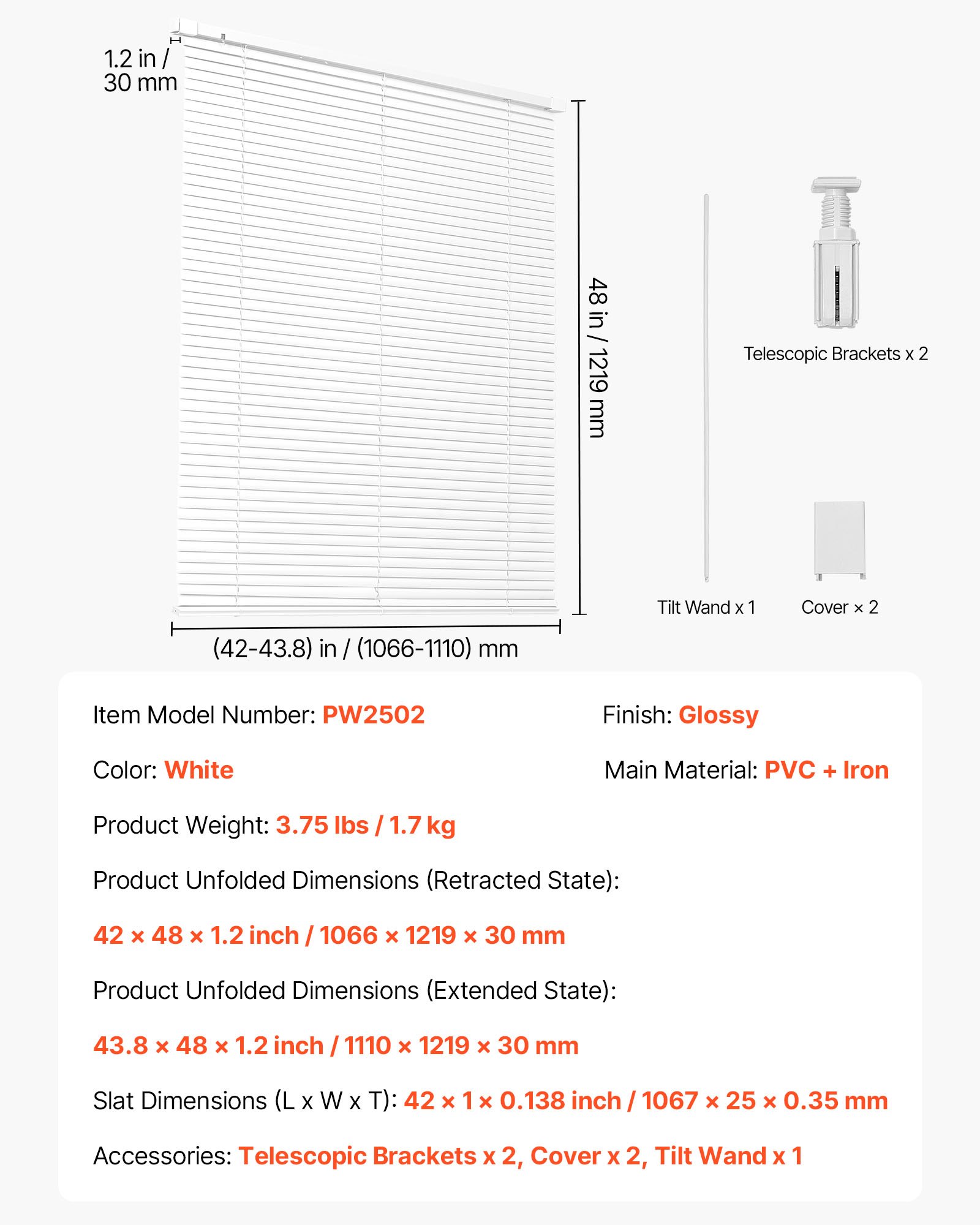 Mini persiana 43.3" An. x 48" Al., láminas de 1 pulgada, sin cordón