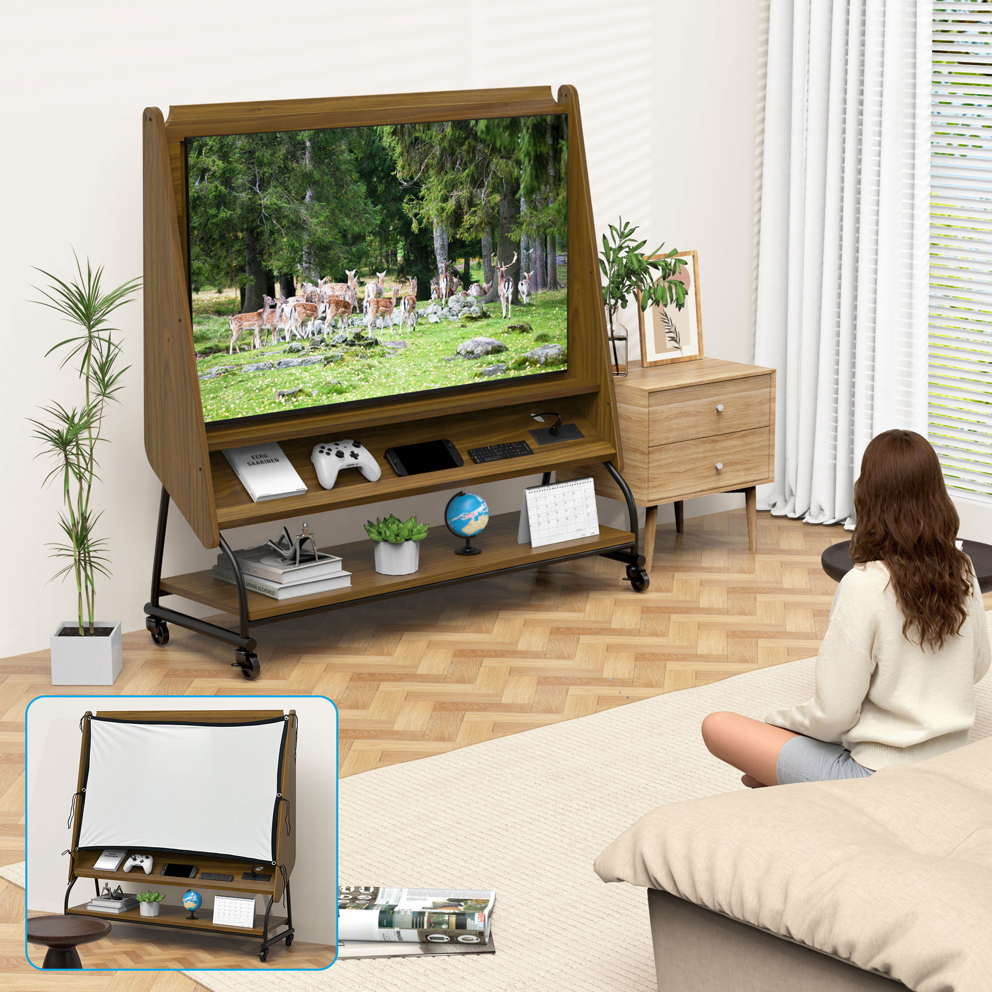 Soporte de TV móvil con ruedas para 32-50 pulgadas, pantalla proyector y tomas