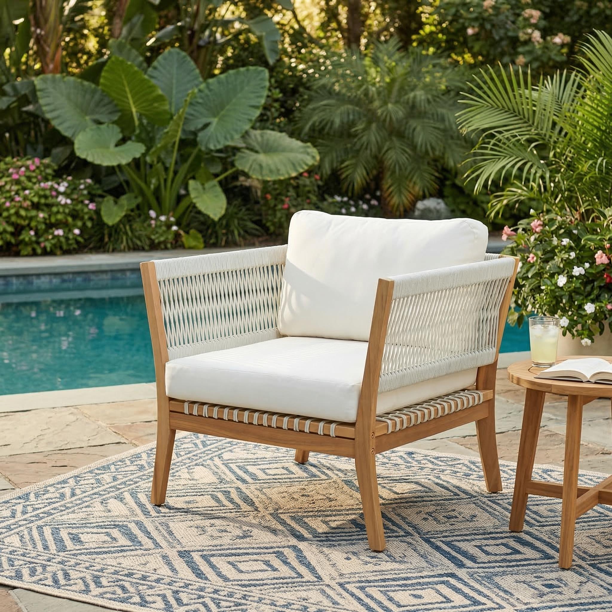 30.3" Outdoor Acacia Wood Patio Chair with Woven Rope Accents, Weather-Resistant Single Lounge Chair with Thick Cushions, Modern Accent Chair for Backyard, Deck, Poolside