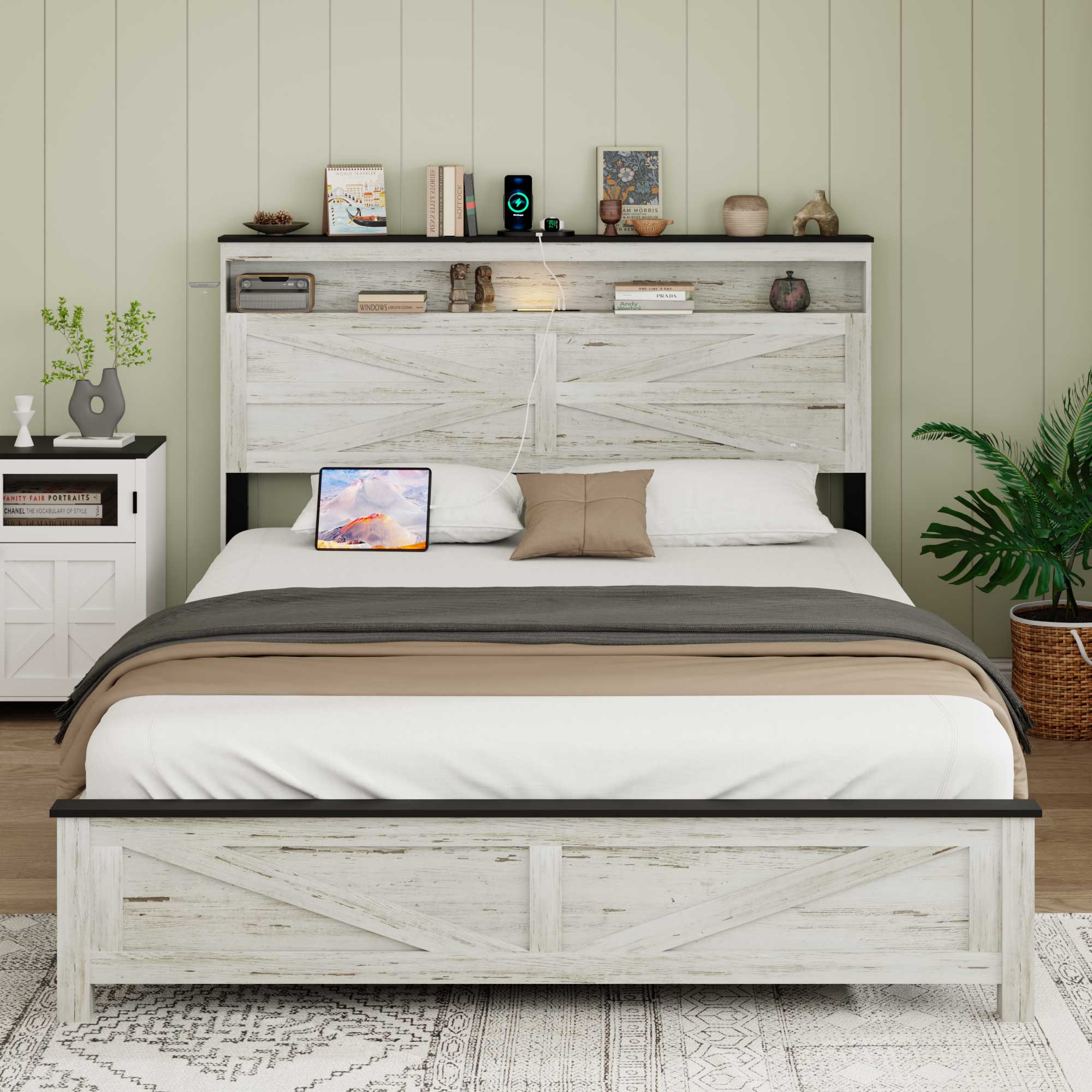 Queen Bed Frame With LED, Charging Station & Hidden Storage, White & Gray