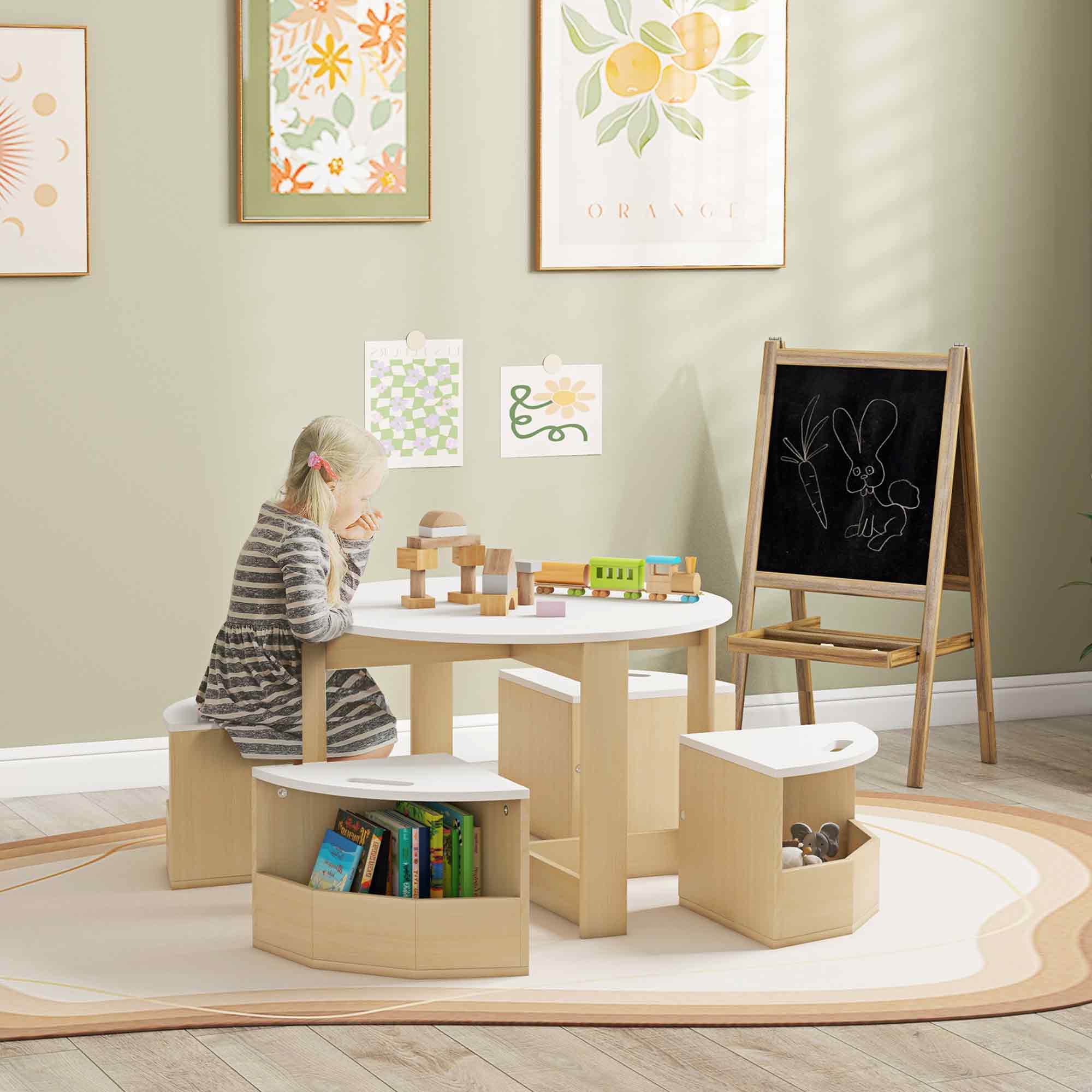 Set de mesa y sillas para niños de 5 piezas, con almacenamiento, blanco